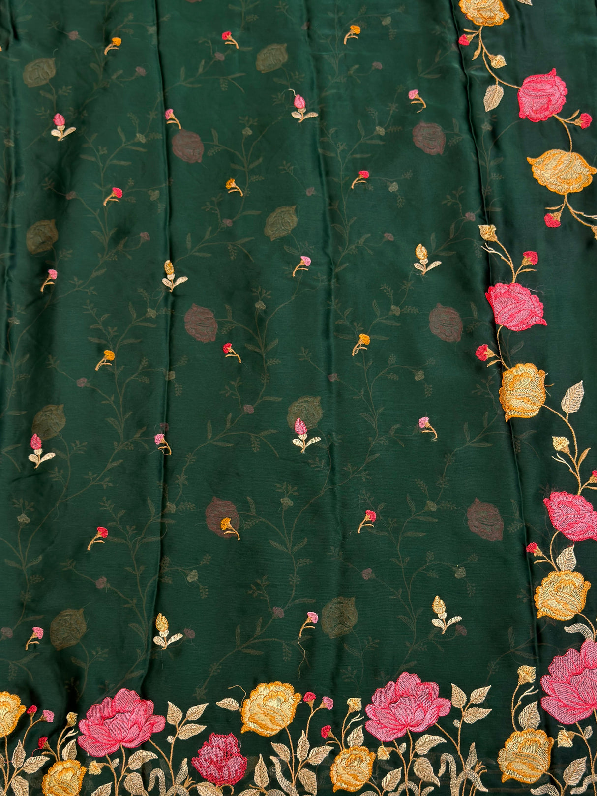 MIMOSA Bottle Green Banarasi chiffon Saree — pallu and zari work detail