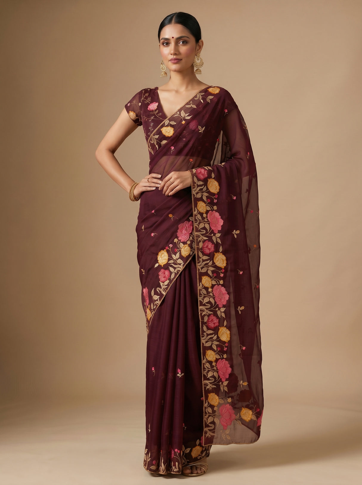 MIMOSA Chocolate Banarasi chiffon Saree — close up of border and pleats