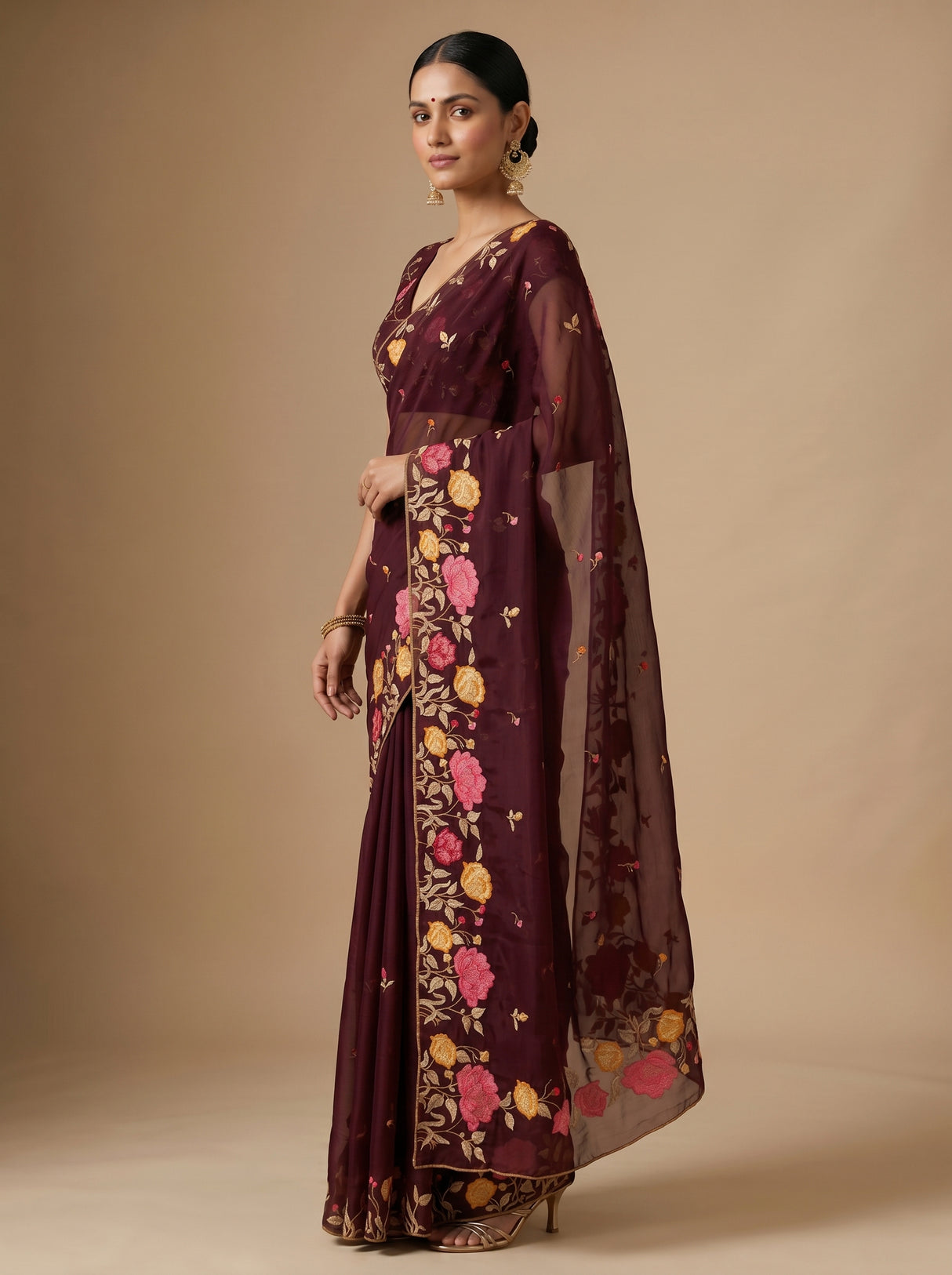 MIMOSA Chocolate Banarasi chiffon Saree — pose 4 styling detail