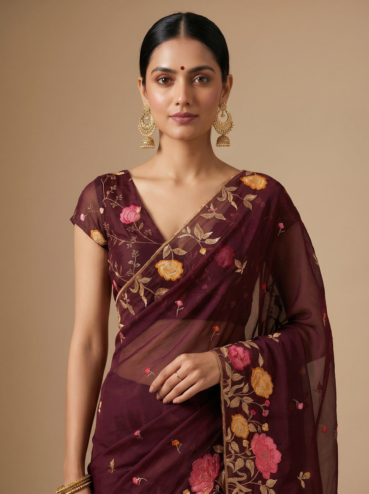 MIMOSA Chocolate Banarasi chiffon Saree — pose 5 styling detail