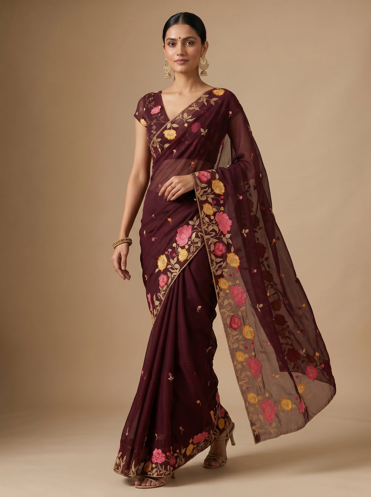 MIMOSA Chocolate Banarasi chiffon Saree — pose 6 styling detail