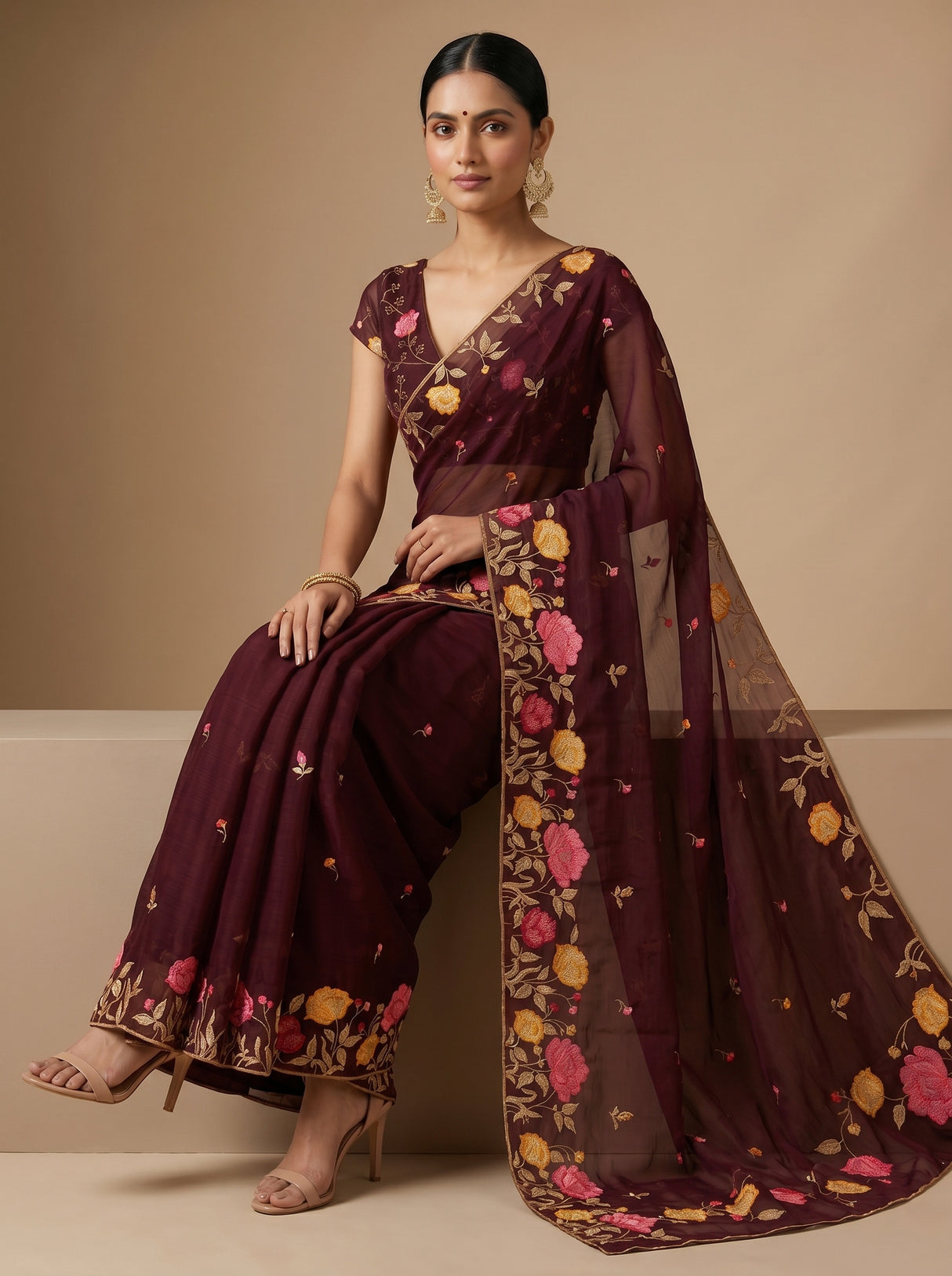 MIMOSA Chocolate Banarasi chiffon Saree — pose 7 styling detail
