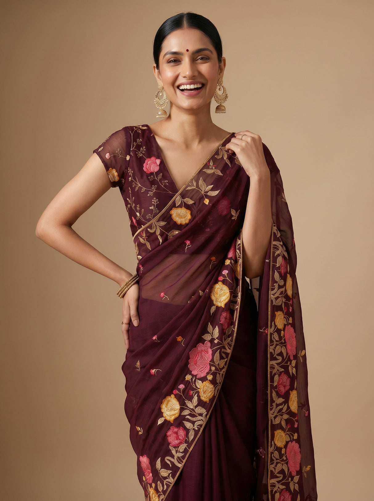 MIMOSA Chocolate Banarasi chiffon Saree — pose 9 styling detail