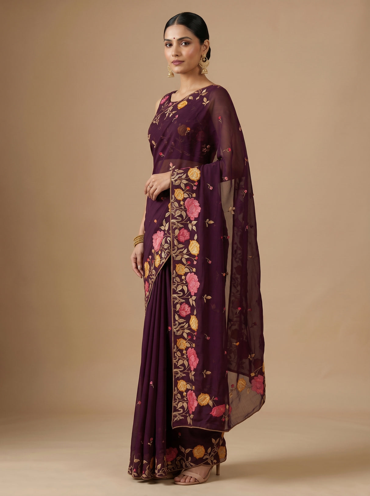 MIMOSA Magenta Banarasi chiffon Saree — pose 4 styling detail