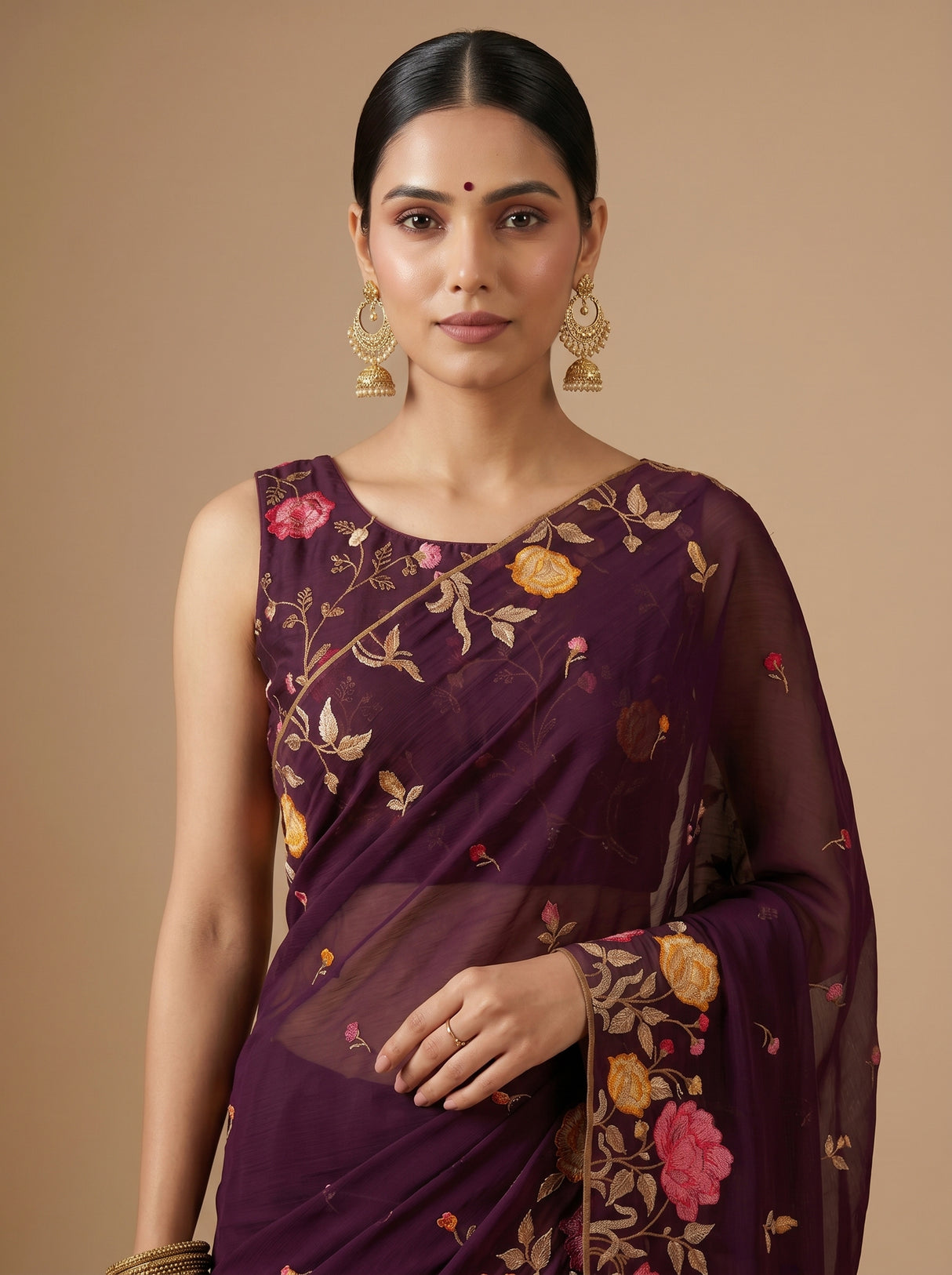 MIMOSA Magenta Banarasi chiffon Saree — pose 5 styling detail