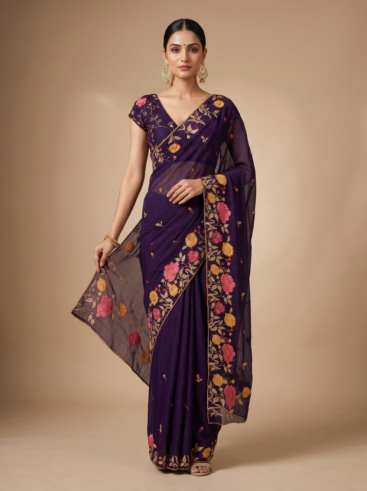 MIMOSA Purple Banarasi chiffon Saree — model standing front pose