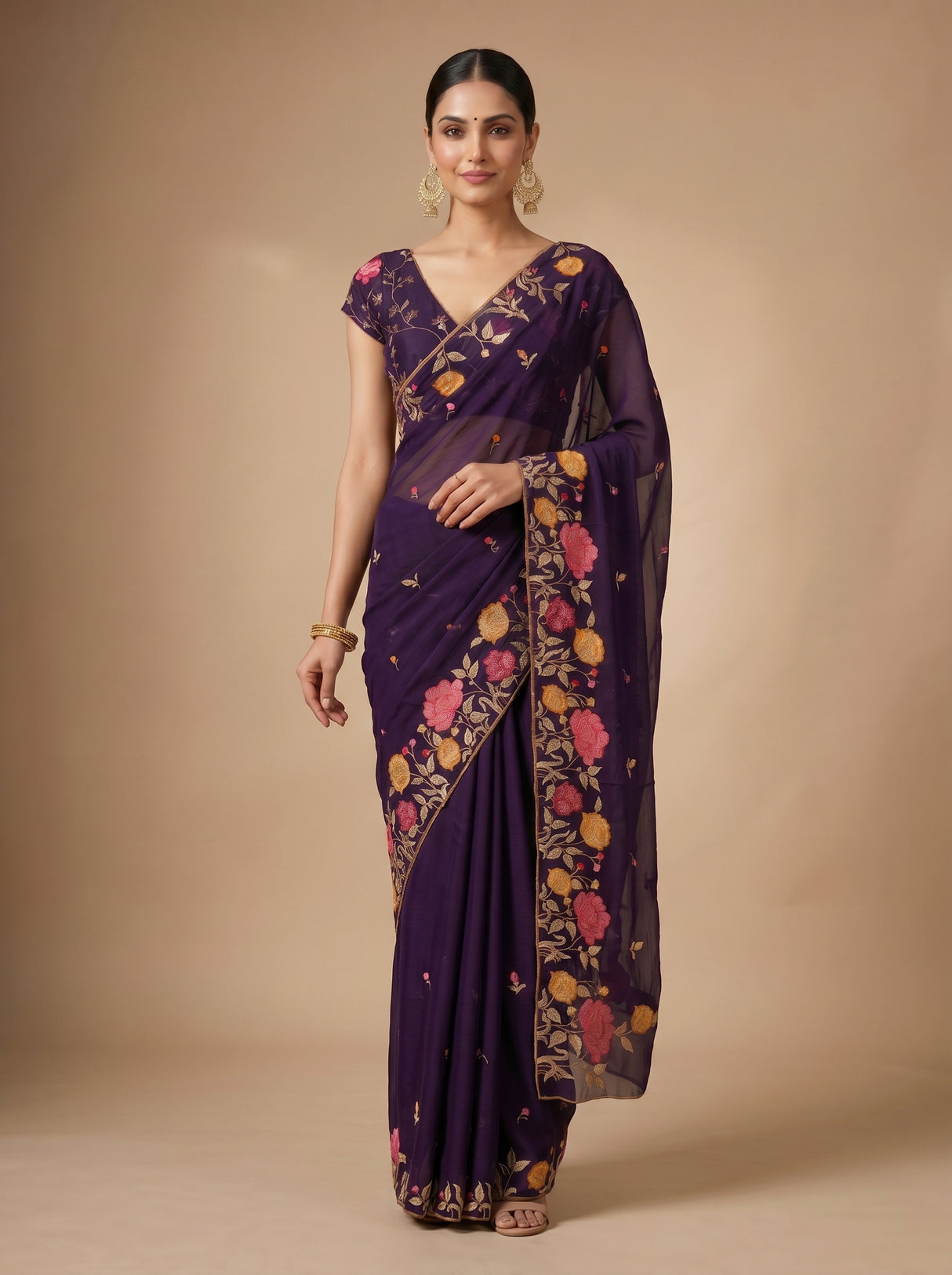 MIMOSA Purple Banarasi chiffon Saree — close up of blouse and pallu embroidery