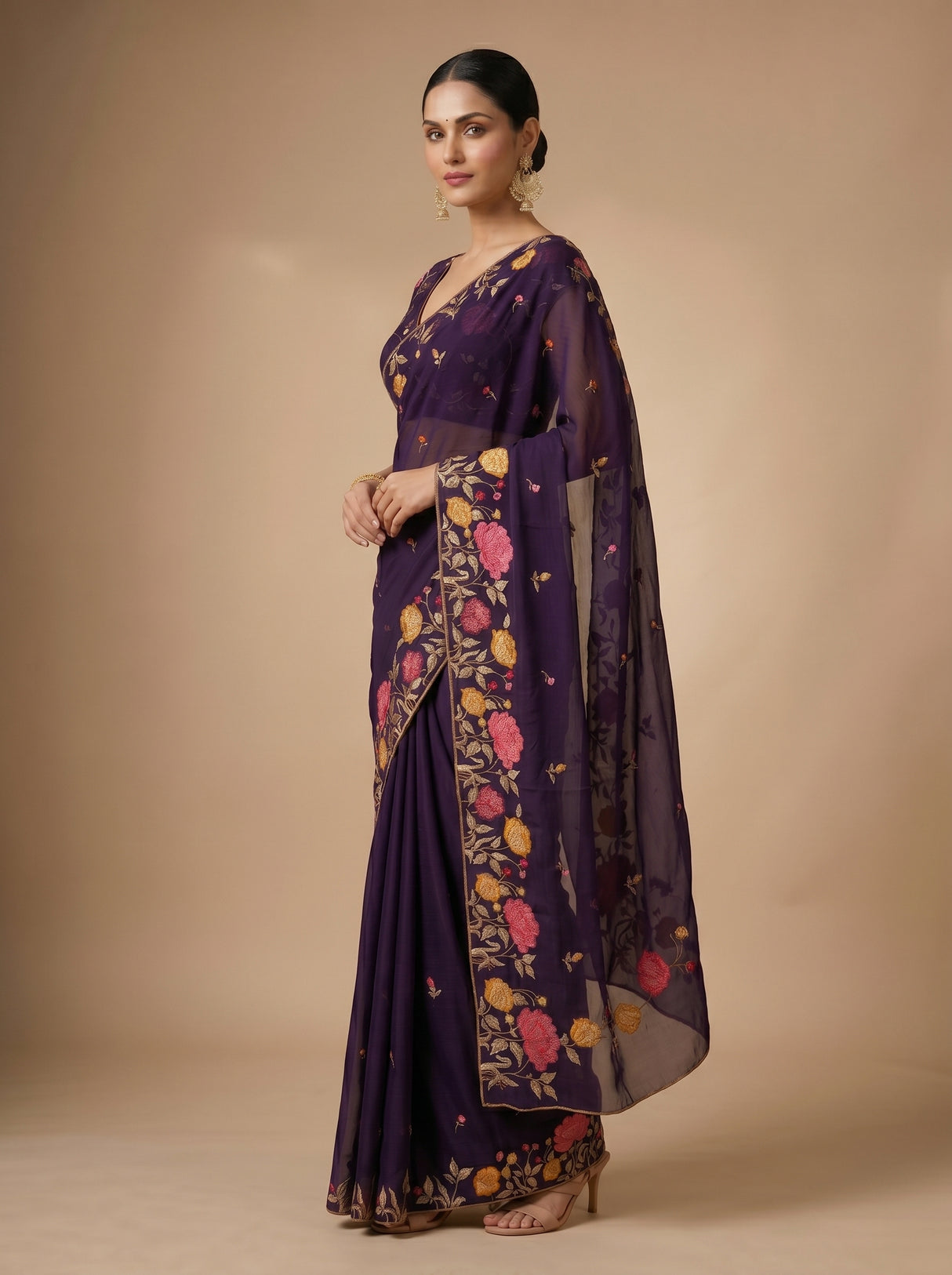 MIMOSA Purple Banarasi chiffon Saree — pose 4 styling detail