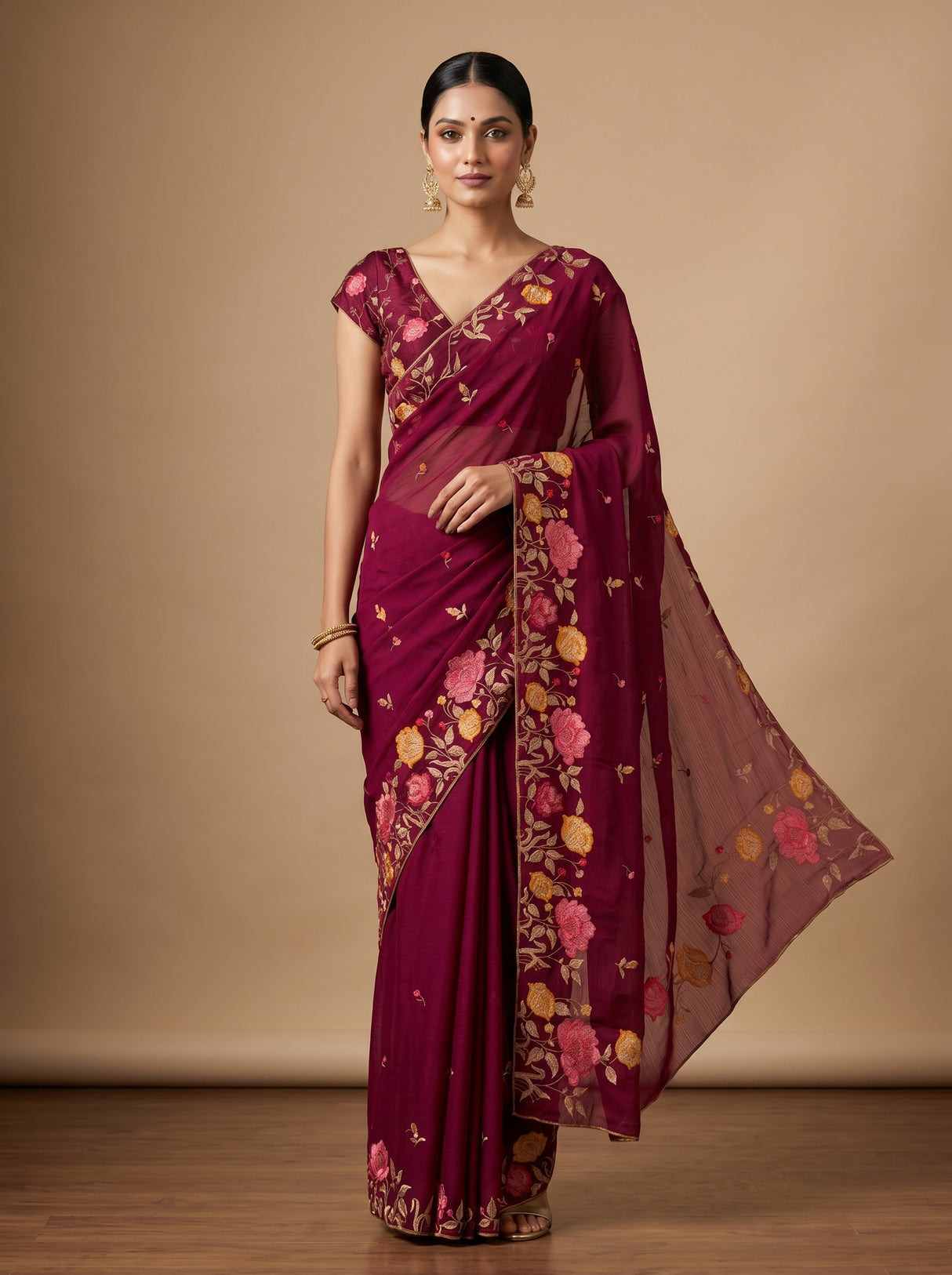 MIMOSA Wine Banarasi chiffon Saree — model standing front pose