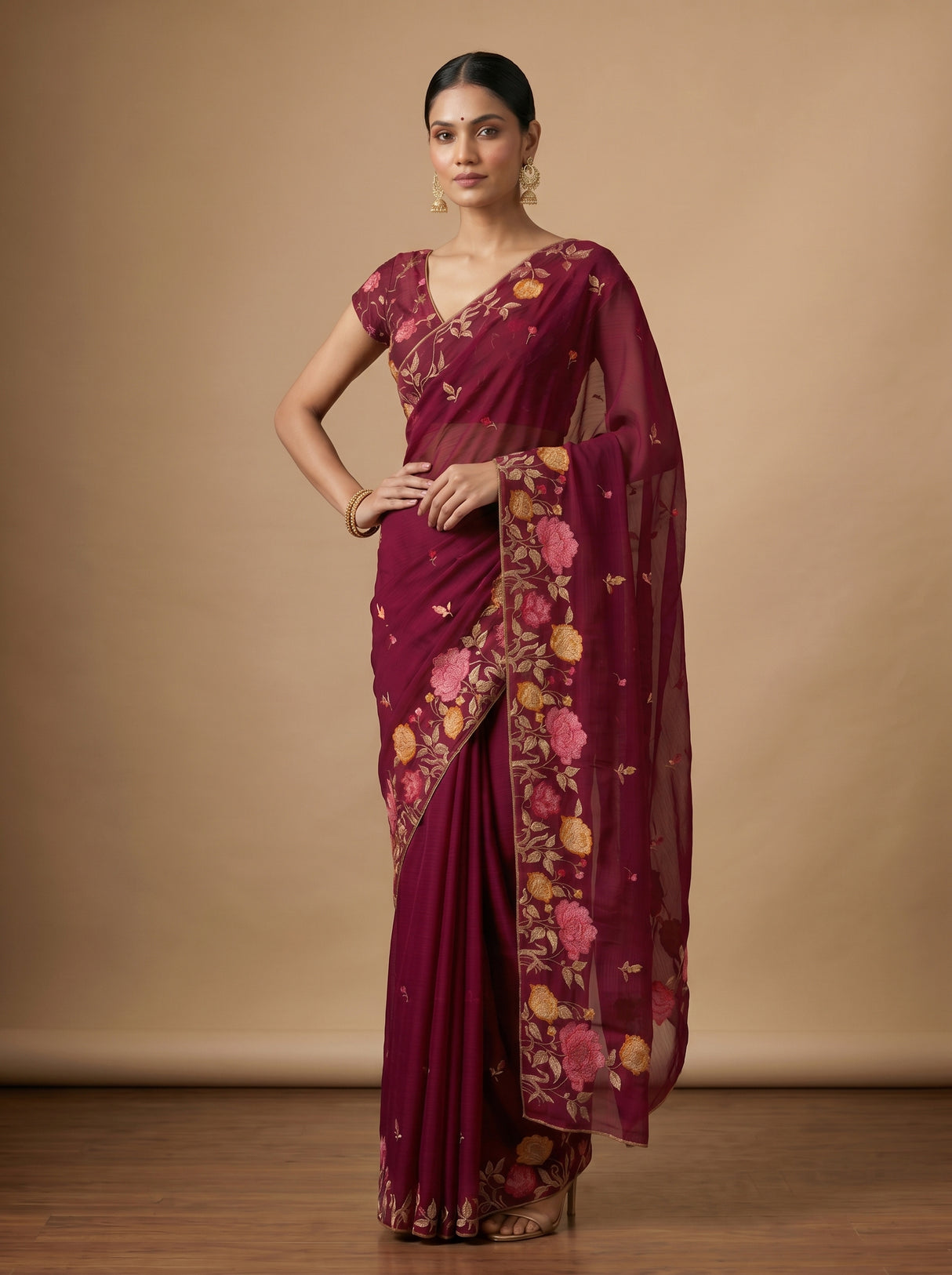 MIMOSA Wine Banarasi chiffon Saree — close up of border and pleats