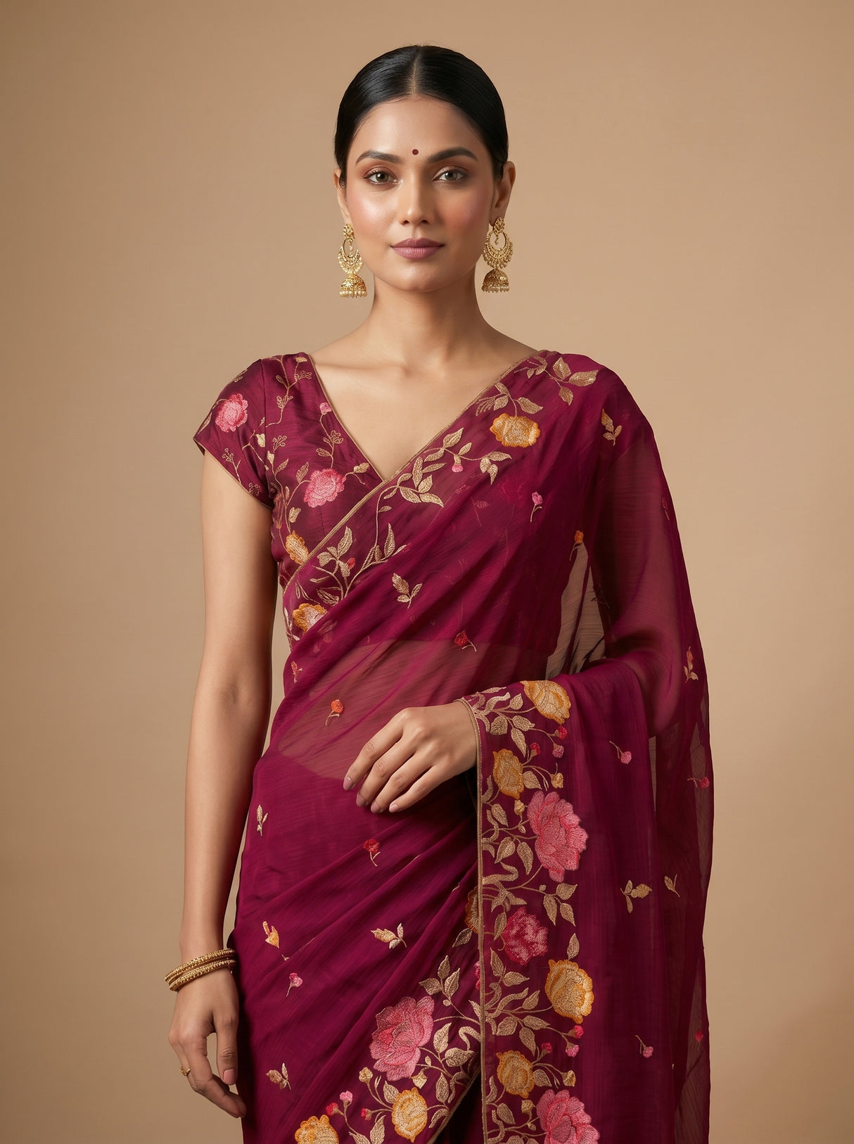 MIMOSA Wine Banarasi chiffon Saree — pose 5 styling detail