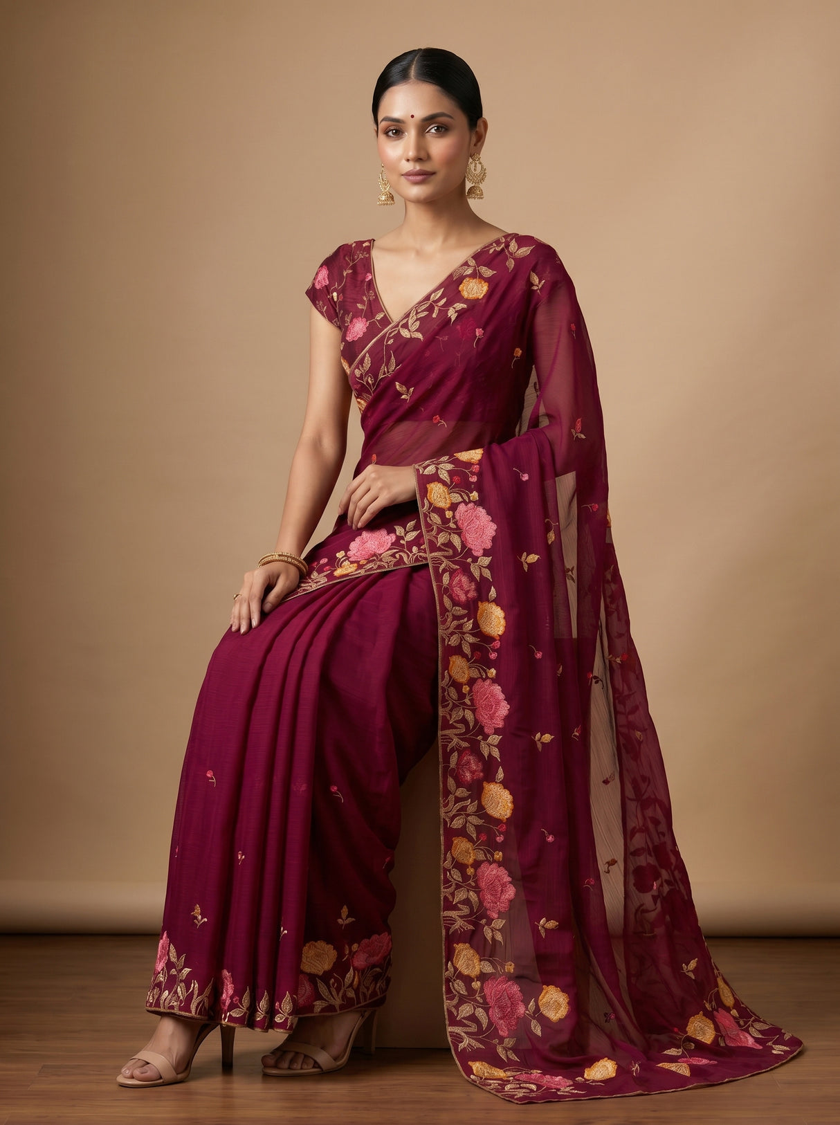 MIMOSA Wine Banarasi chiffon Saree — pose 7 styling detail