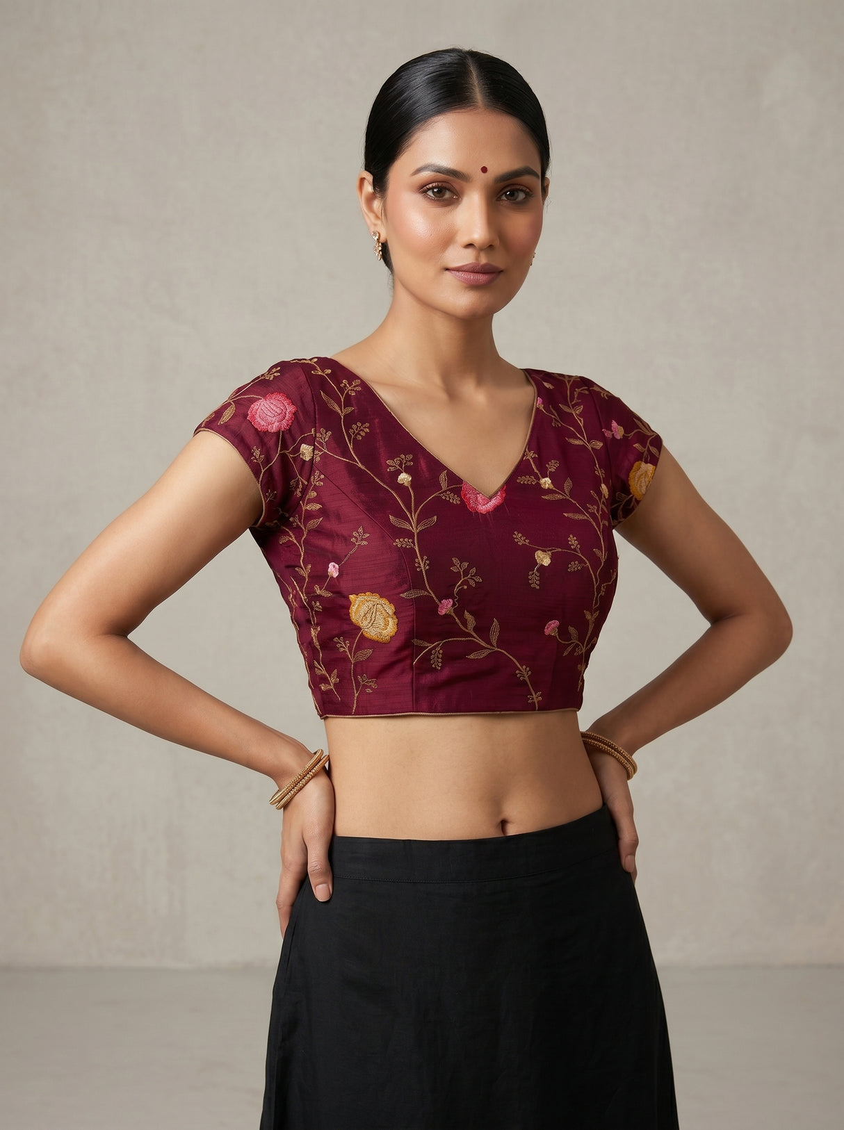 MIMOSA Wine Banarasi chiffon Saree — blouse close-up