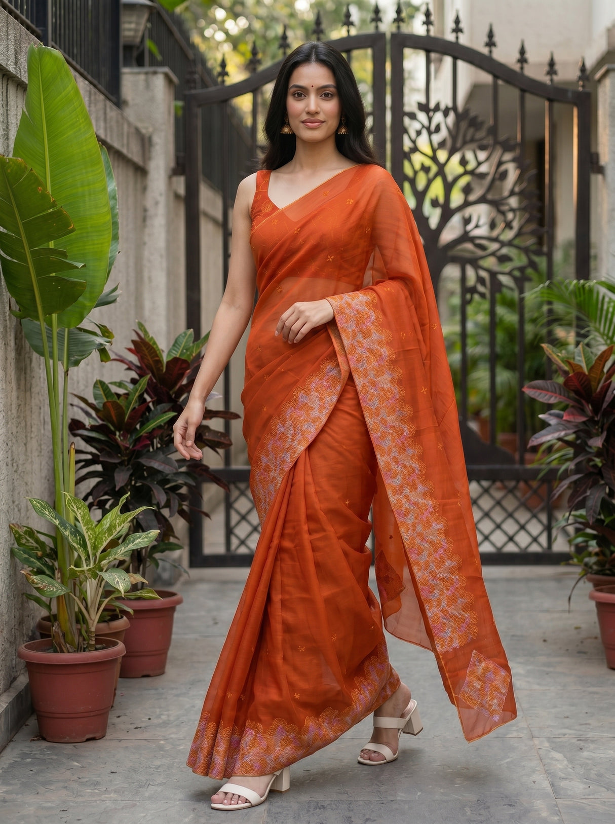 MIMOSA Orange Saree Saree — pose 6 styling detail