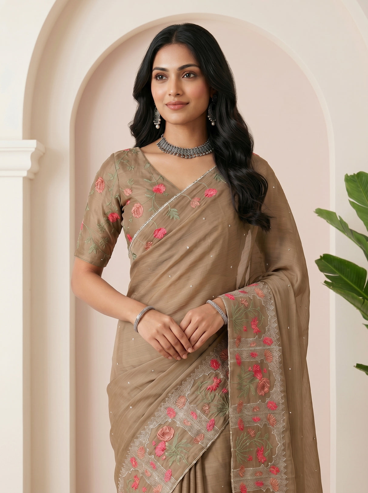 MIMOSA Chiku Banarasi chiffon Saree — pose 10 styling detail
