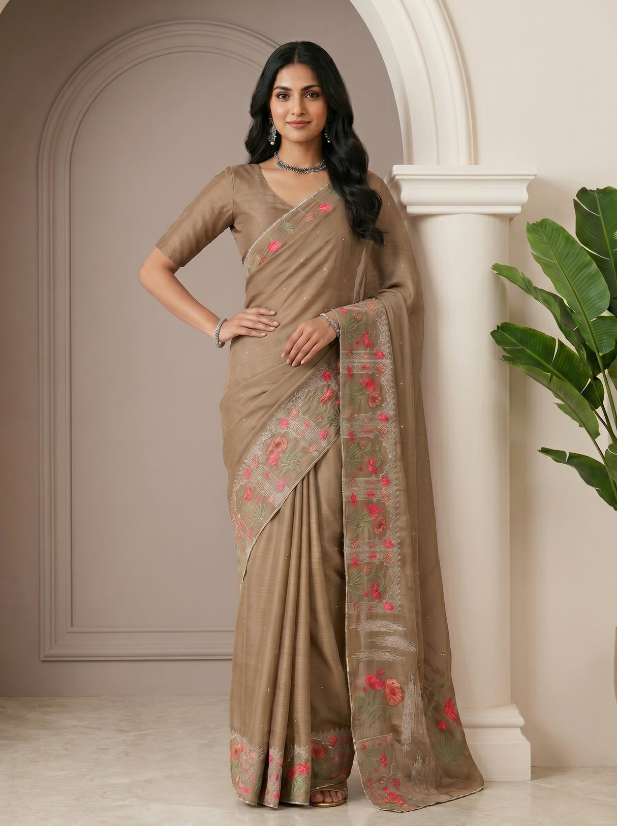 MIMOSA Chiku Banarasi chiffon Saree — pose 4 styling detail