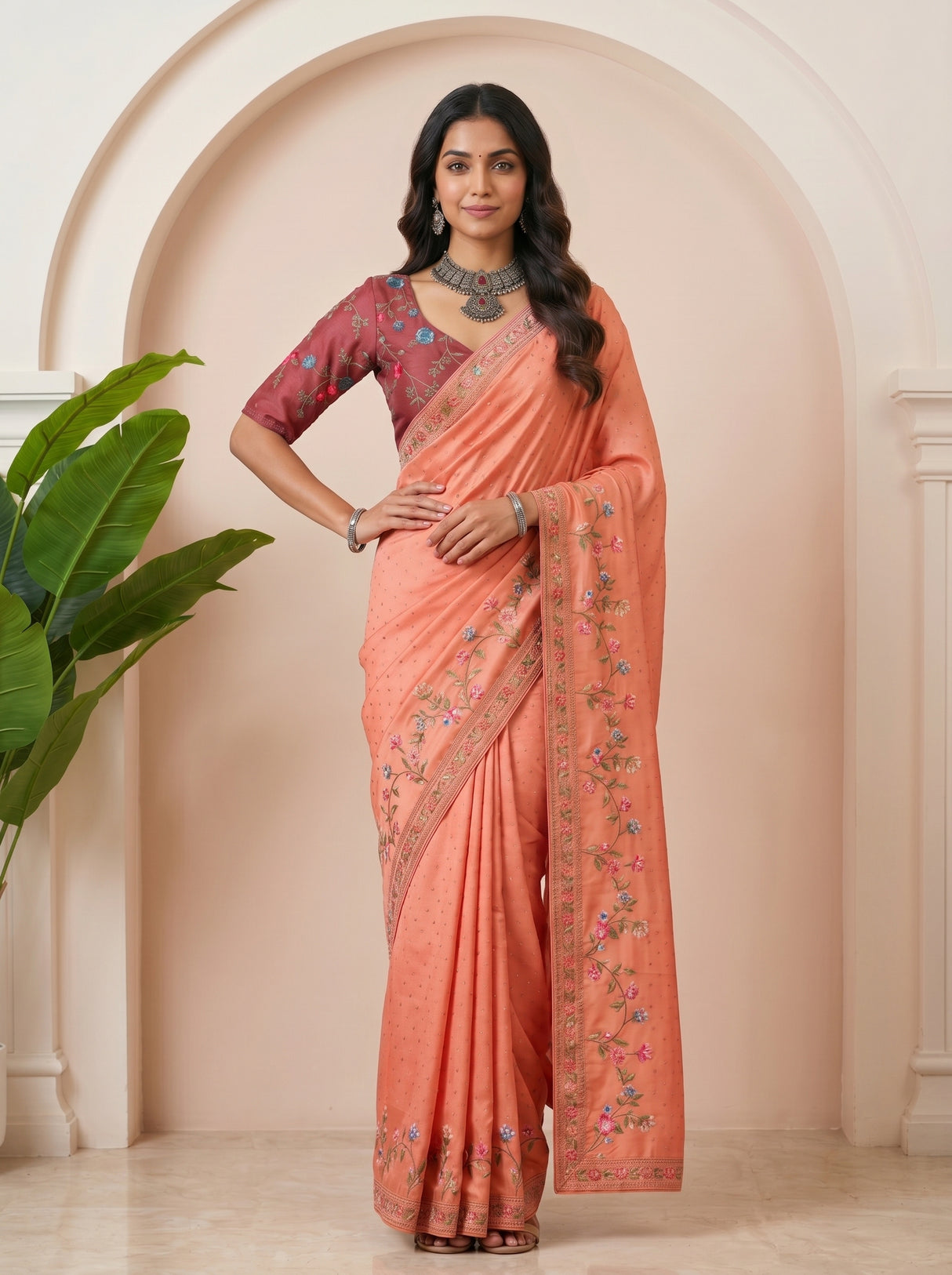 MIMOSA Gajari Banarasi chiffon Saree — model lifestyle pose