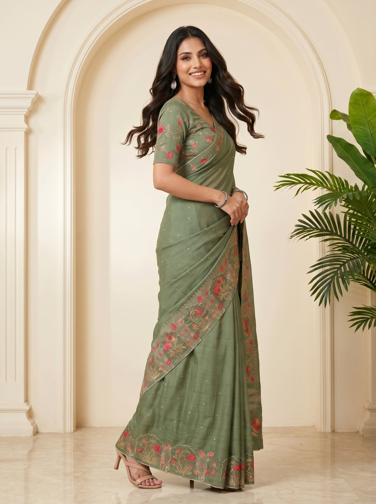 MIMOSA Pista Banarasi chiffon Saree — pose 9 styling detail