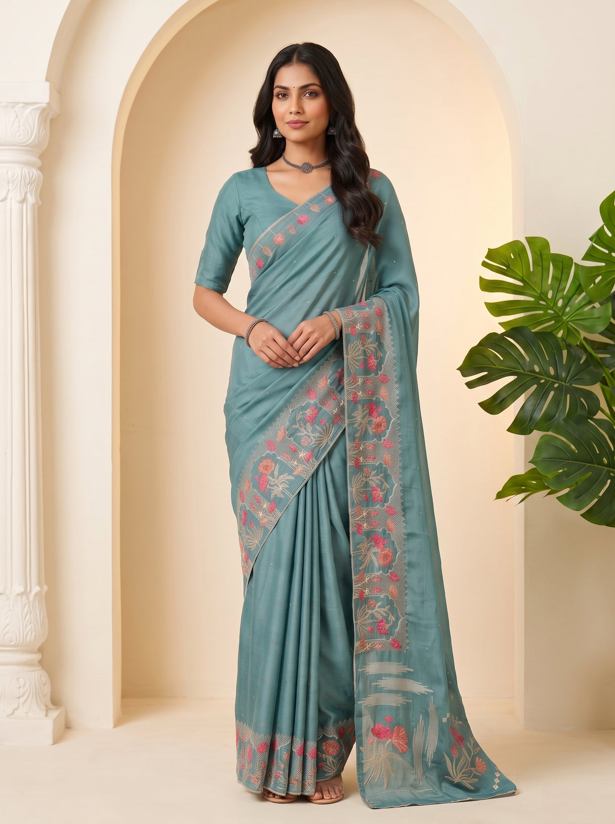 MIMOSA Sapphire Banarasi chiffon Saree — pose 10 styling detail