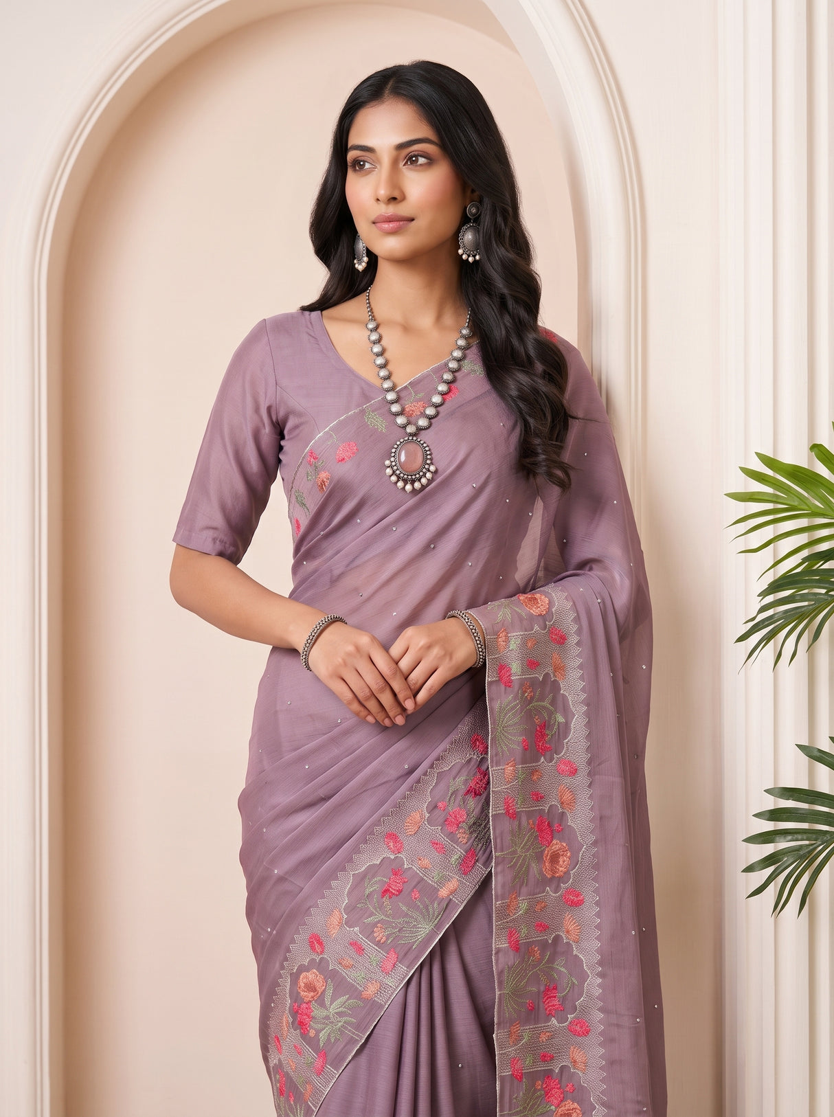 MIMOSA Violet Banarasi chiffon Saree — pose 10 styling detail