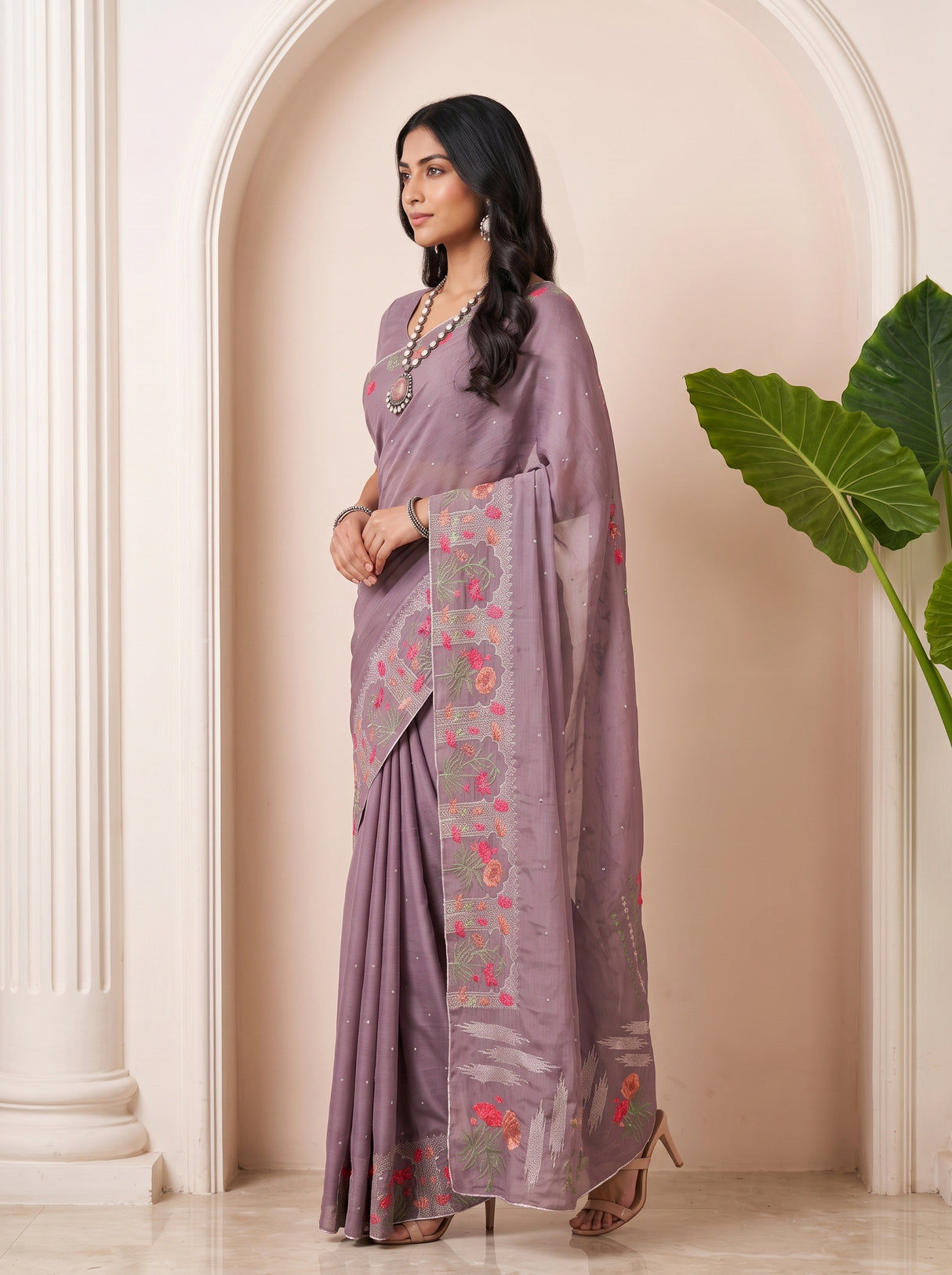 MIMOSA Violet Banarasi chiffon Saree — model lifestyle pose
