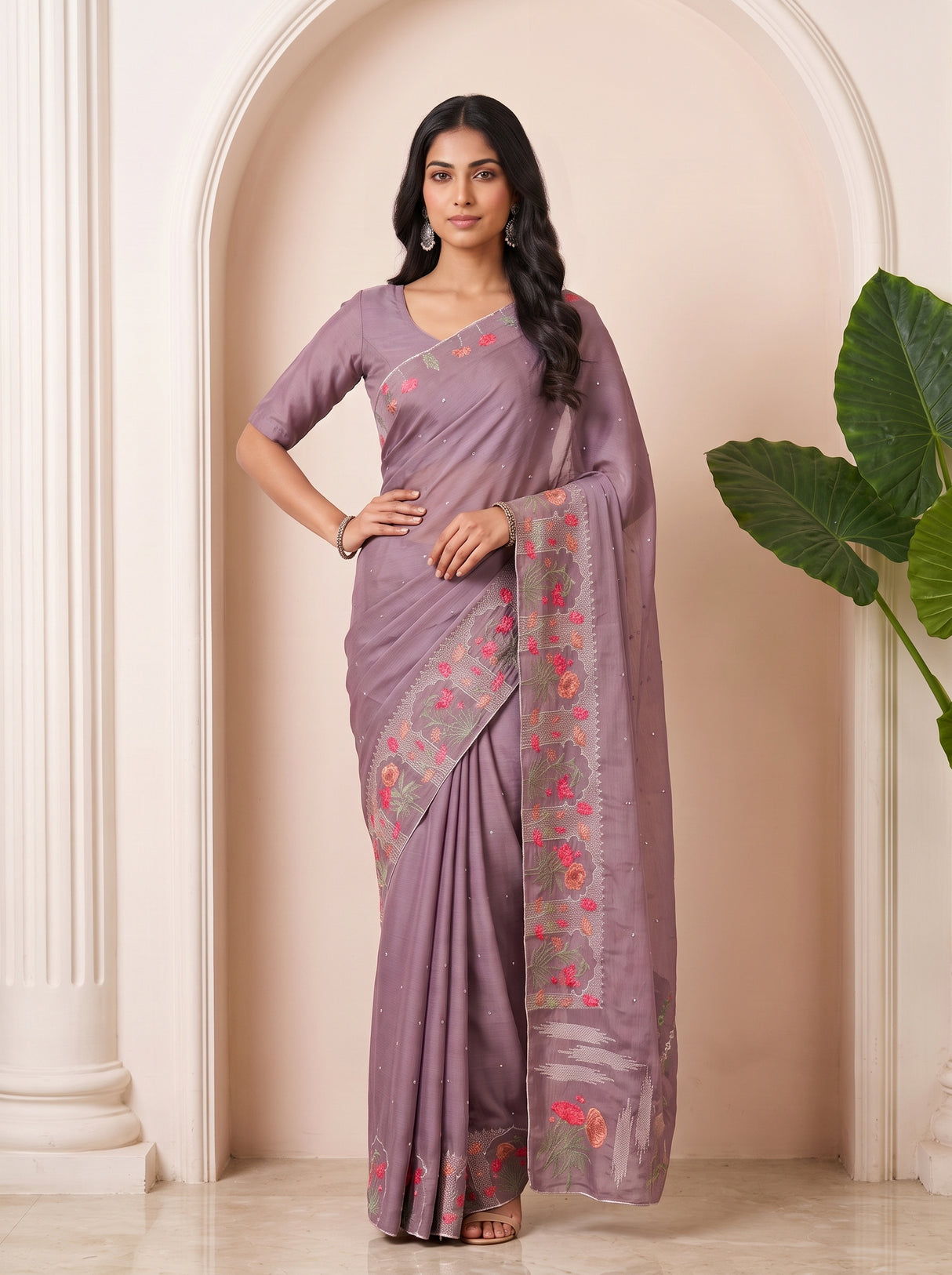 MIMOSA Violet Banarasi chiffon Saree — pose 4 styling detail
