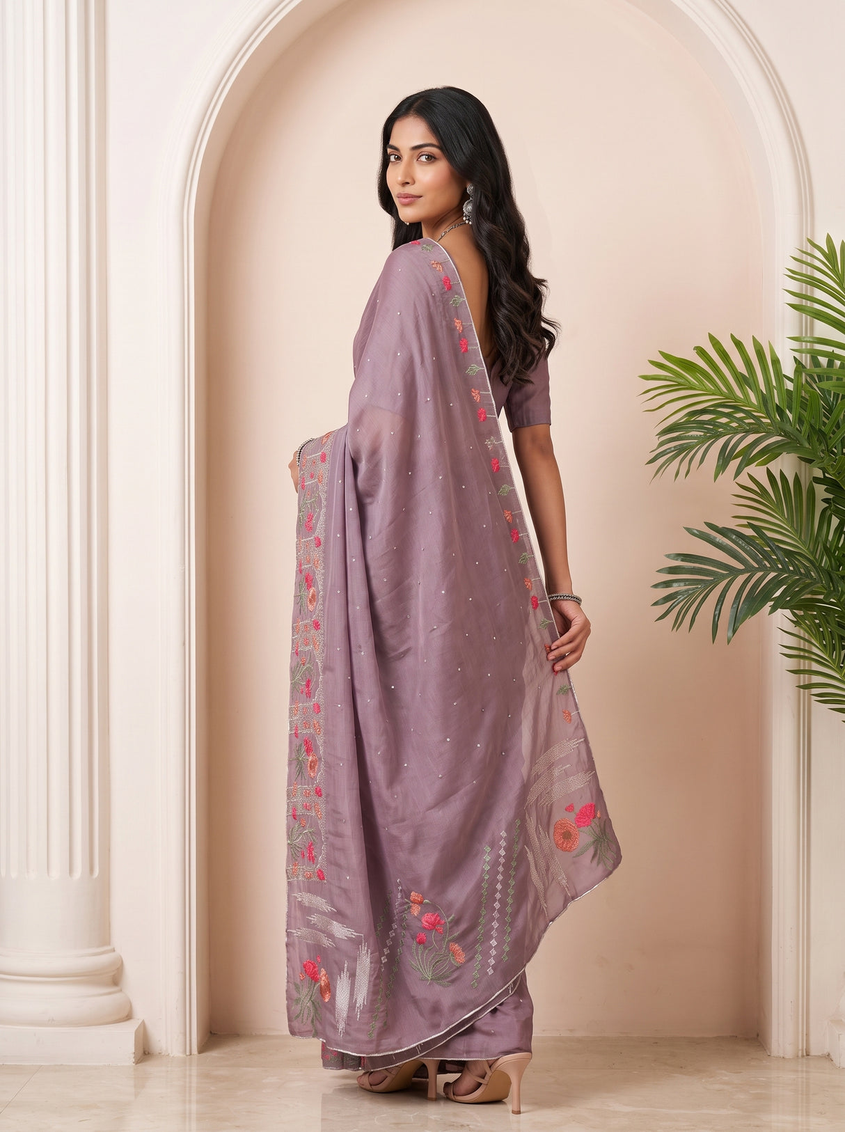 MIMOSA Violet Banarasi chiffon Saree — pose 7 styling detail