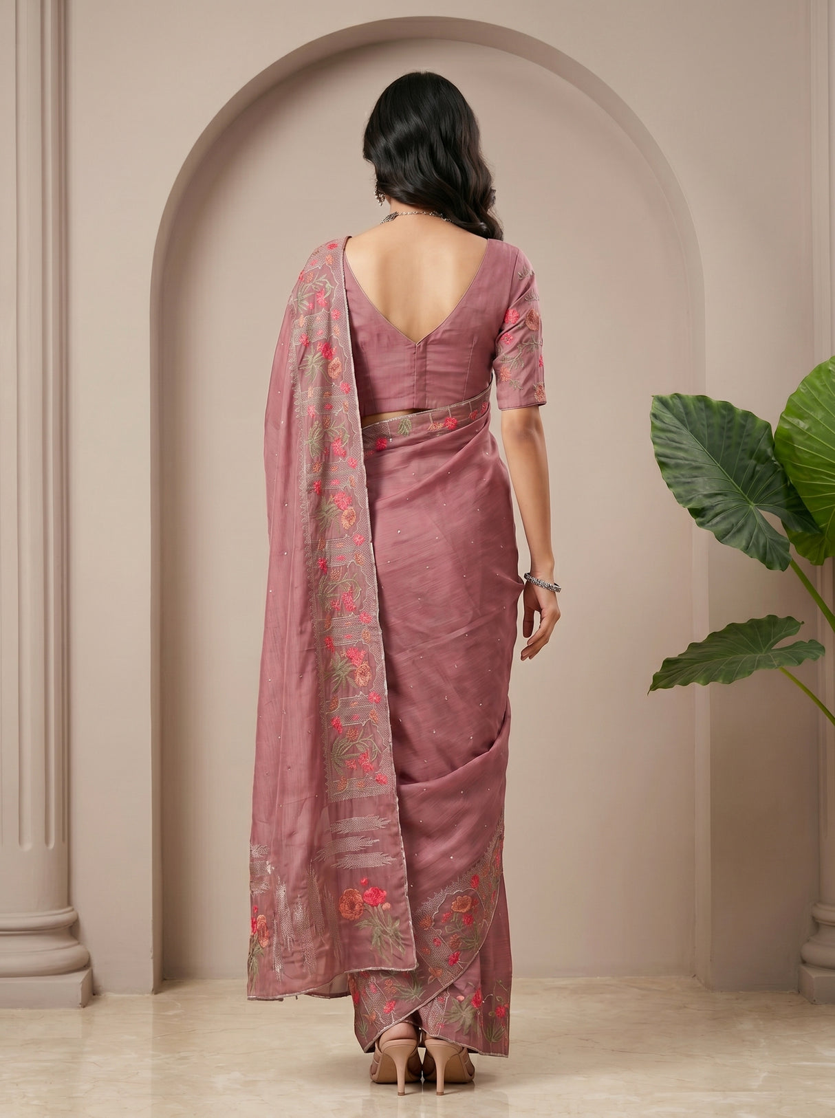 MIMOSA Wine Banarasi chiffon Saree — pallu and body detail