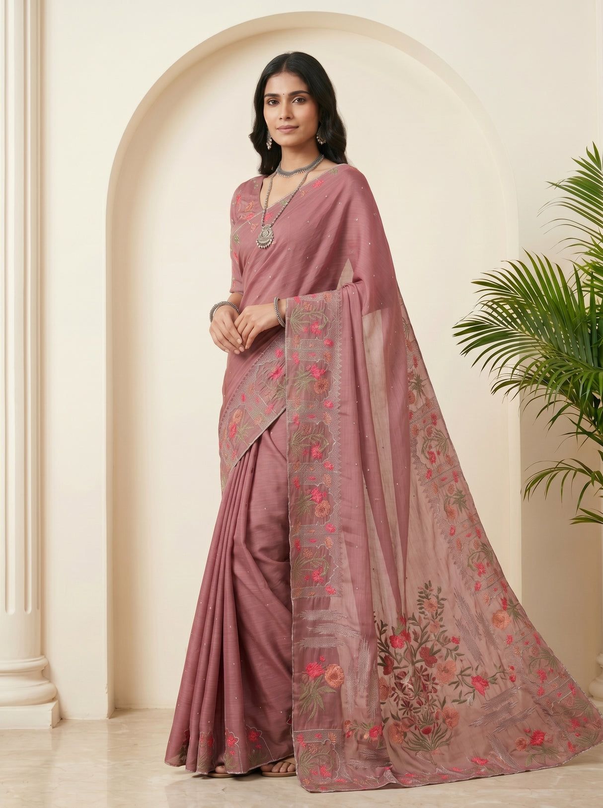 MIMOSA Wine Banarasi chiffon Saree — pose 5 styling detail