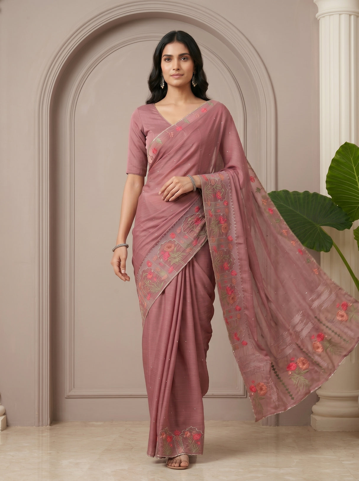 MIMOSA Wine Banarasi chiffon Saree — pose 6 styling detail