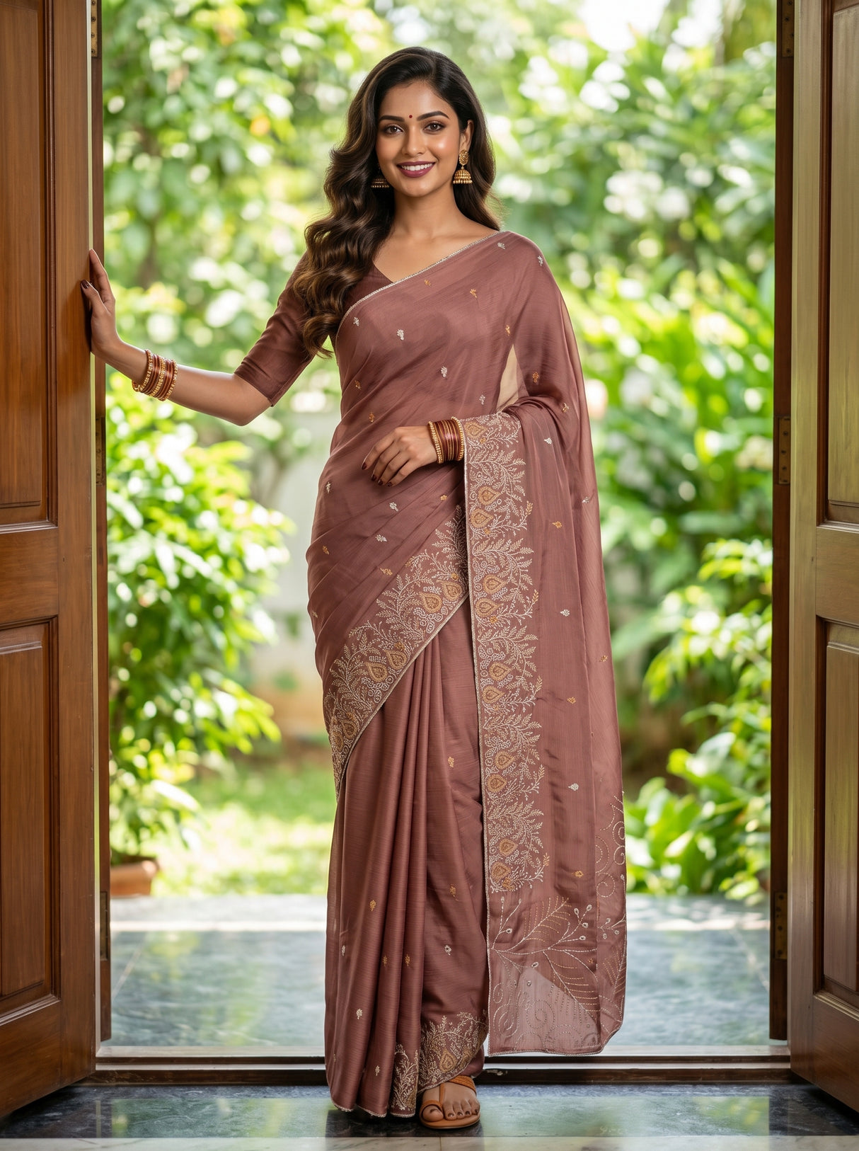 MIMOSA Peach Banarasi chiffon Saree — AI Model lifestyle pose 1