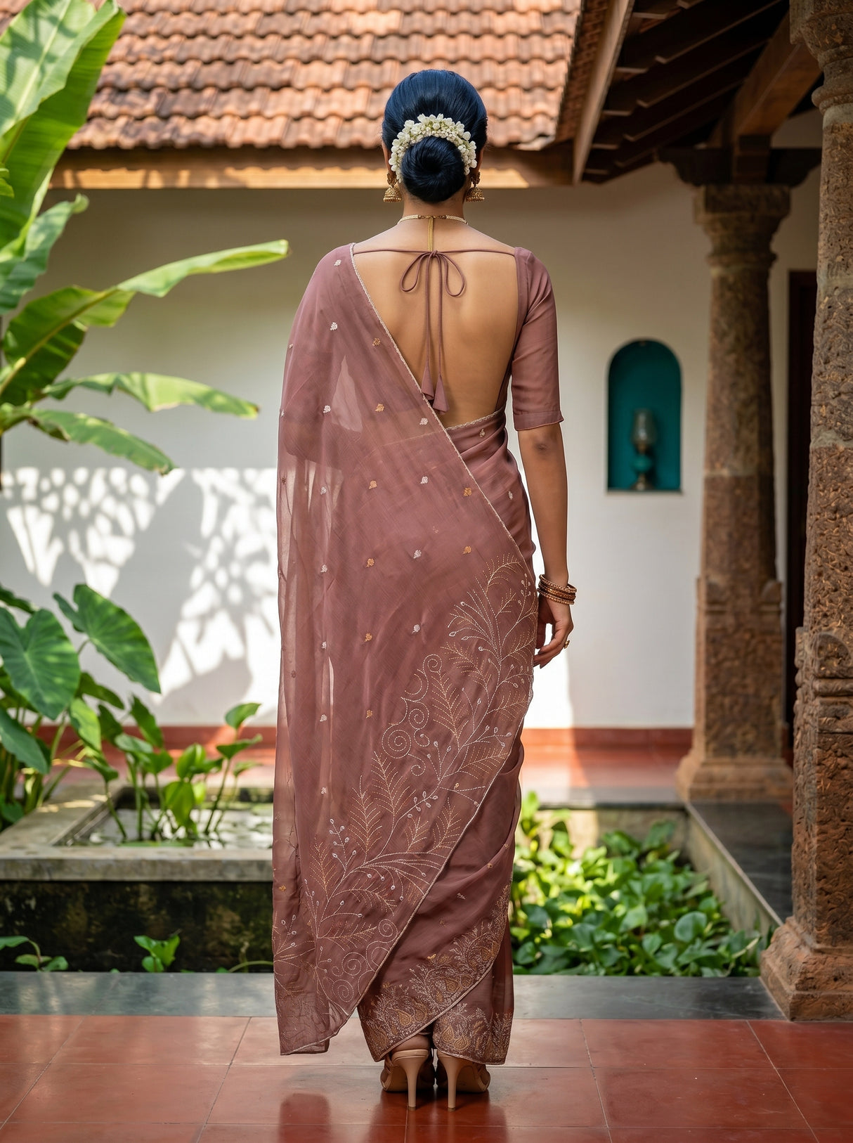 MIMOSA Peach Banarasi chiffon Saree — pose 2 styling detail