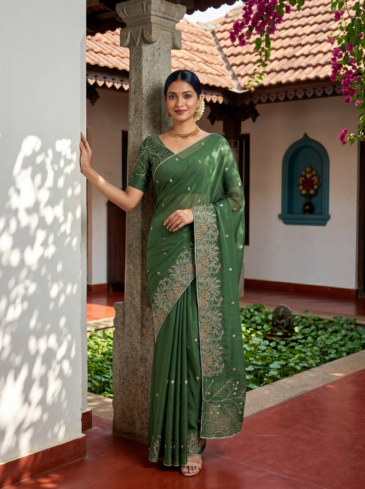 MIMOSA Pista Banarasi chiffon Saree — AI Model lifestyle pose 1