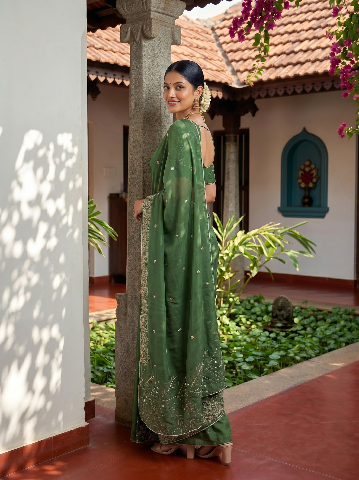 MIMOSA Pista Banarasi chiffon Saree — pose 5 styling detail