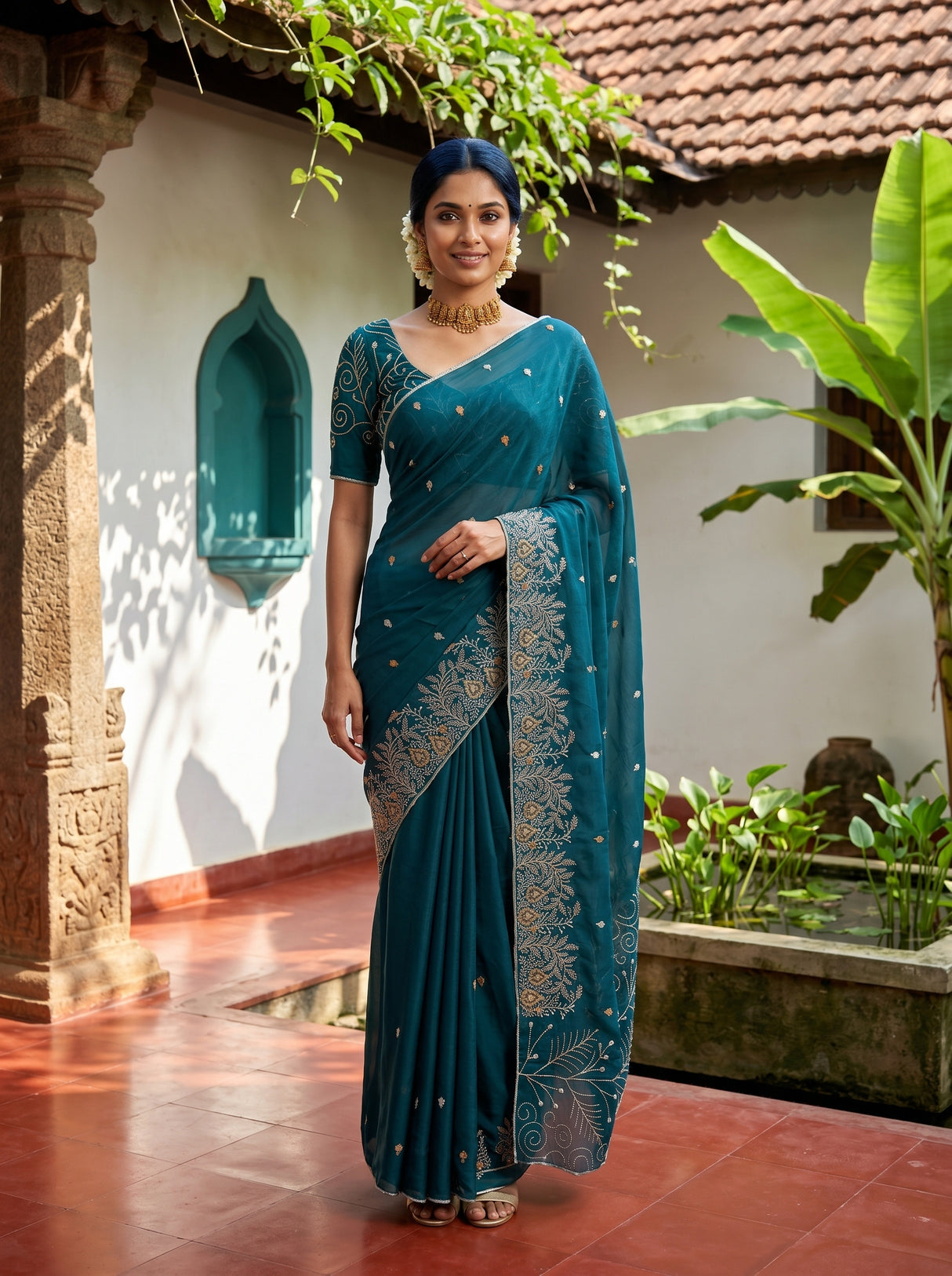 MIMOSA Sapphire Banarasi chiffon Saree — AI Model lifestyle pose 1