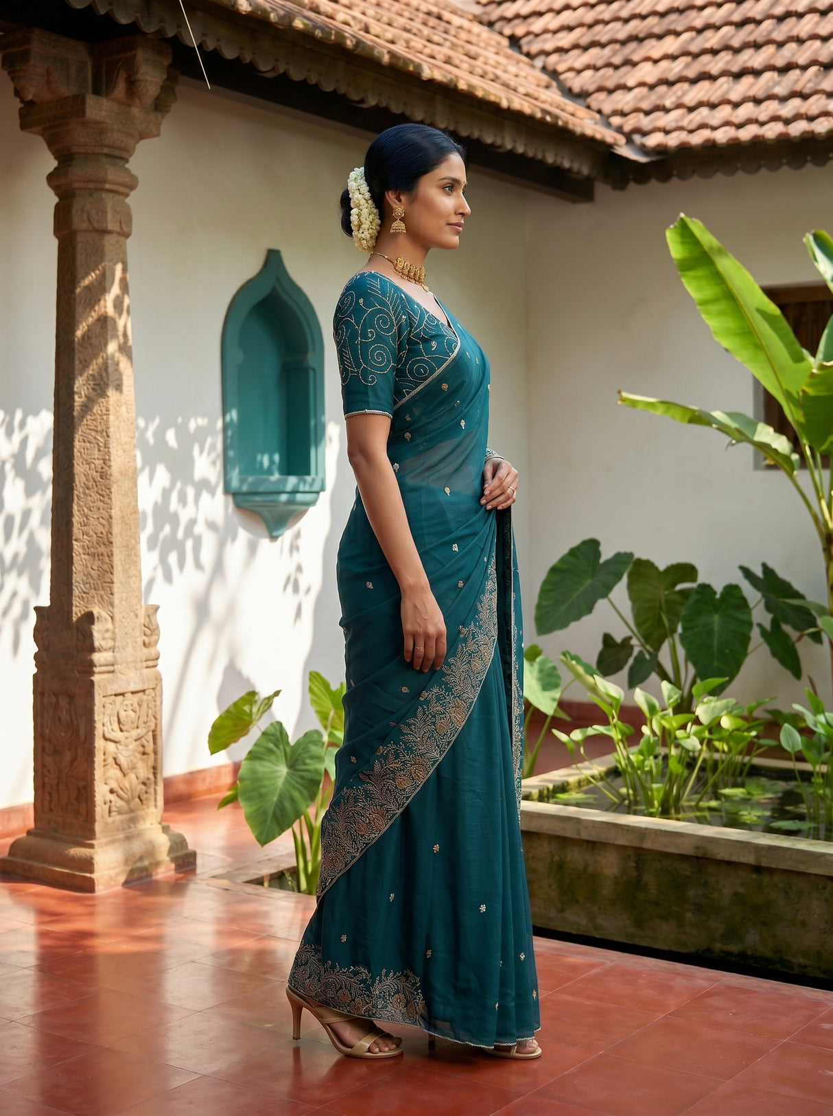 MIMOSA Sapphire Banarasi chiffon Saree — pose 3 styling detail