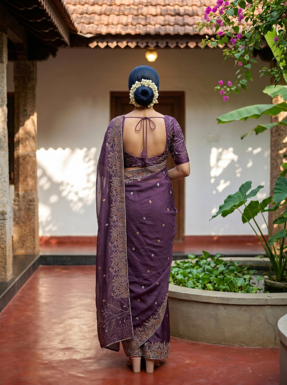 MIMOSA Violet Banarasi chiffon Saree — pose 2 styling detail