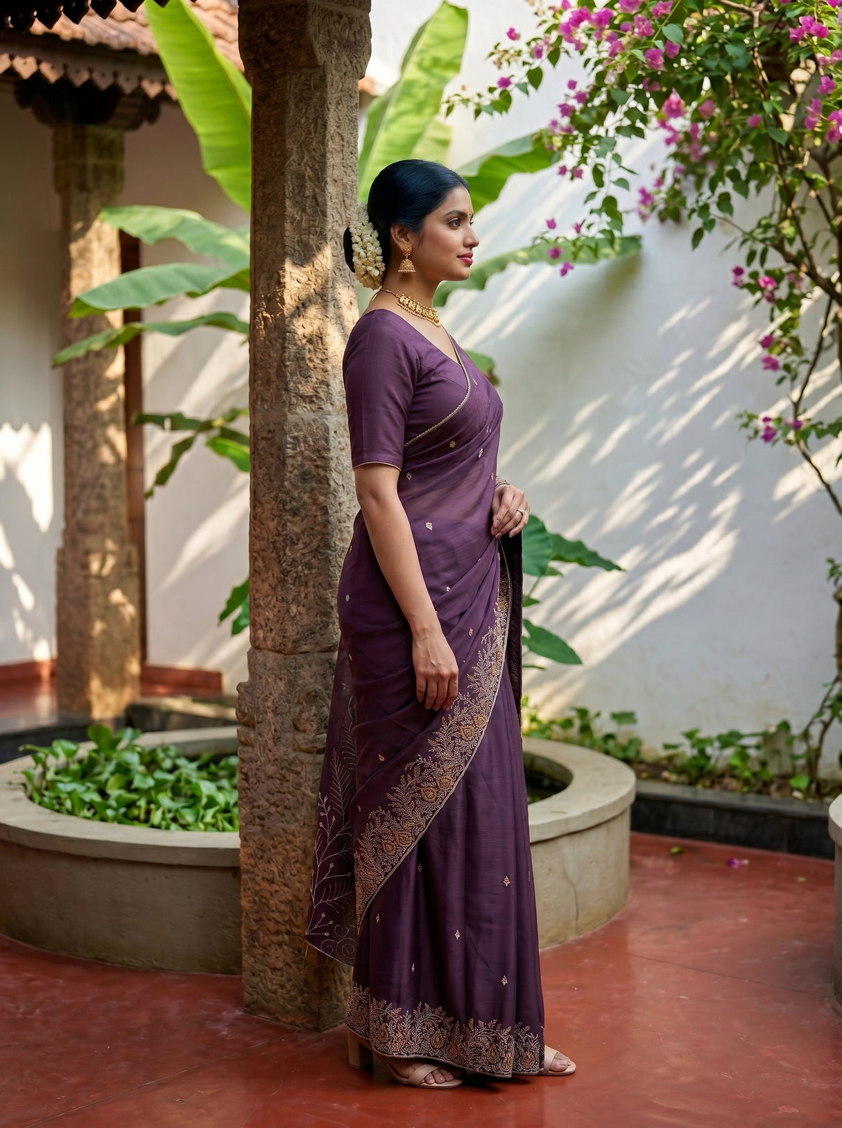 MIMOSA Violet Banarasi chiffon Saree — pose 3 styling detail