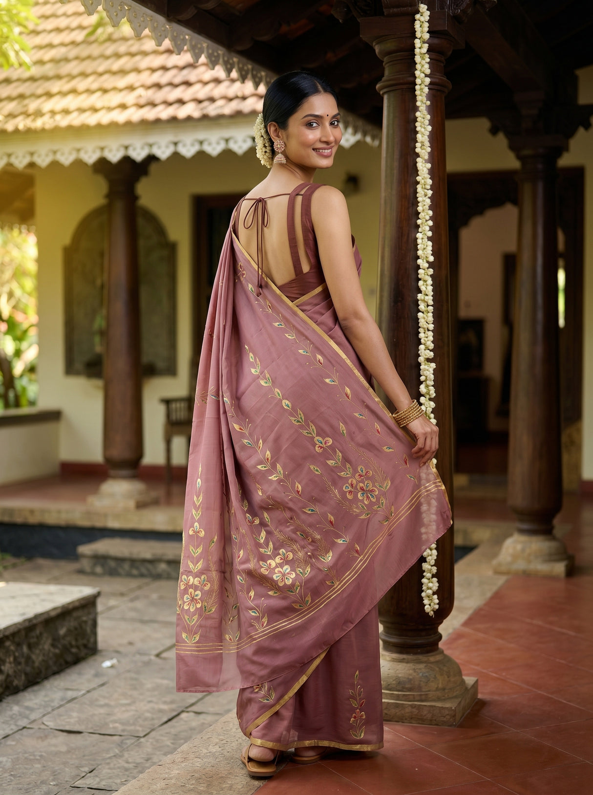 MIMOSA Peach Banarasi chiffon Saree — pose 7 styling detail