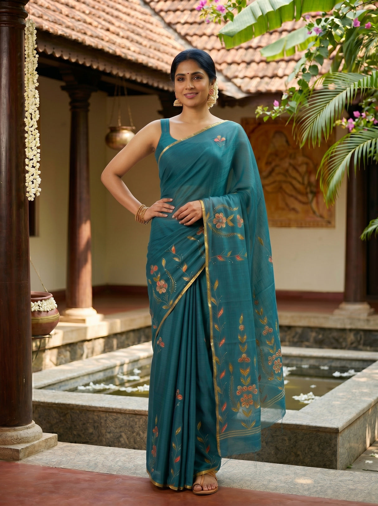 MIMOSA Sapphire Banarasi chiffon Saree — pose 4 styling detail