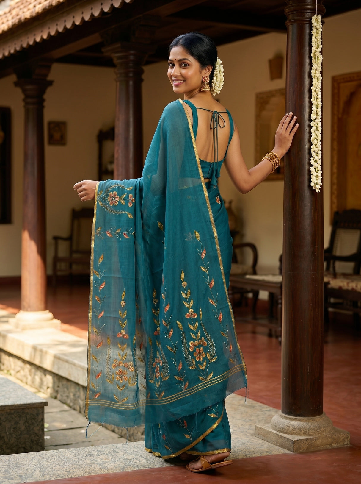 MIMOSA Sapphire Banarasi chiffon Saree — pose 7 styling detail