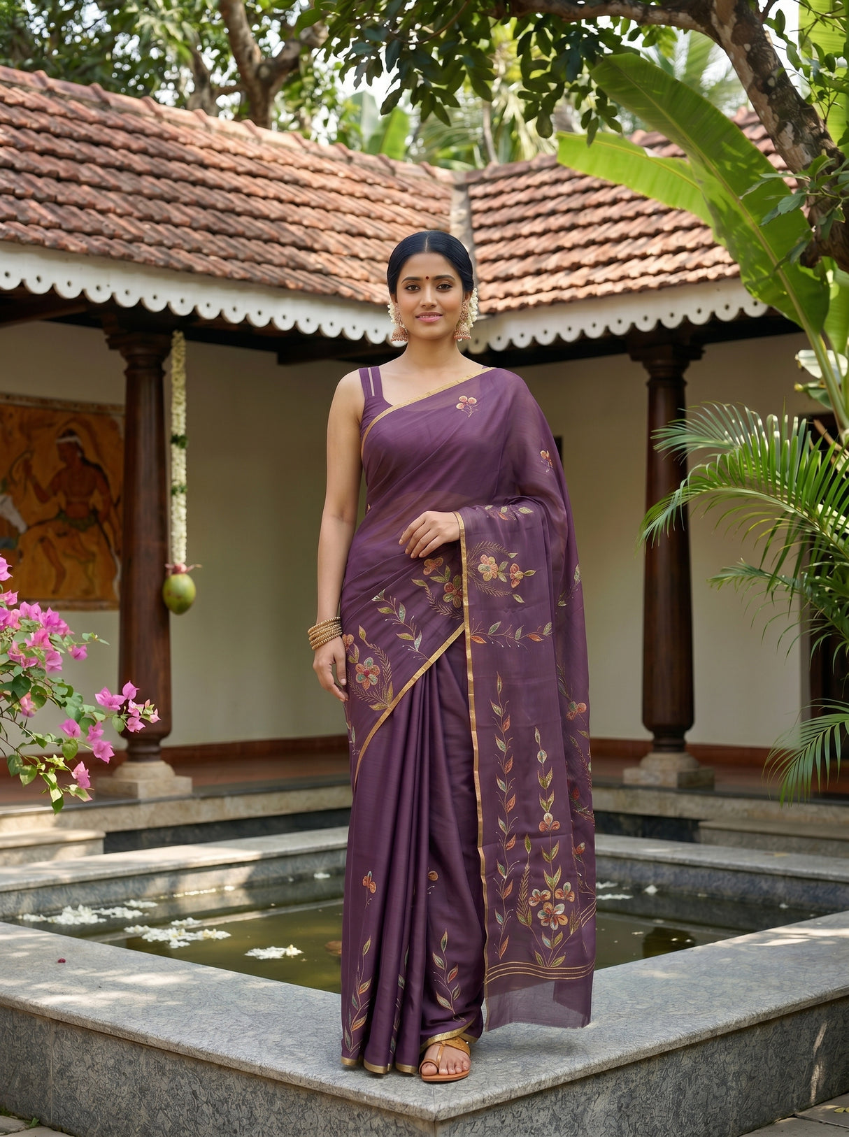 MIMOSA Violet Banarasi chiffon Saree — pose 4 styling detail