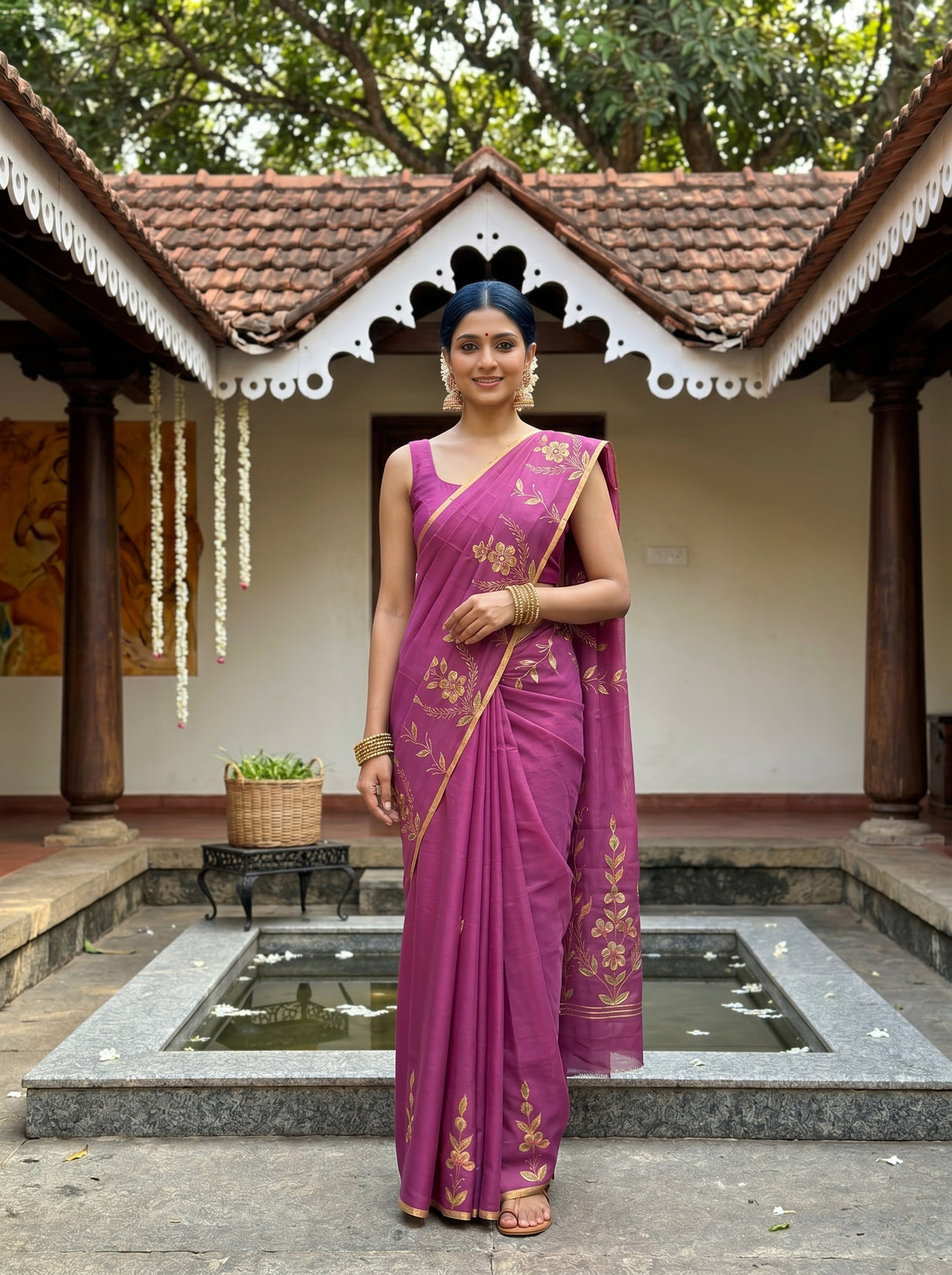MIMOSA Wine Banarasi chiffon Saree — AI Model lifestyle pose 1
