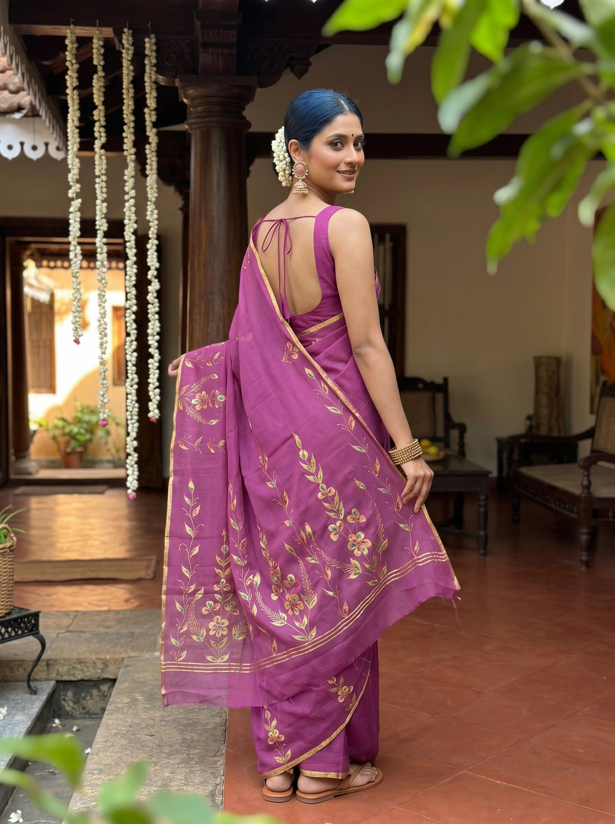 MIMOSA Wine Banarasi chiffon Saree — pose 7 styling detail
