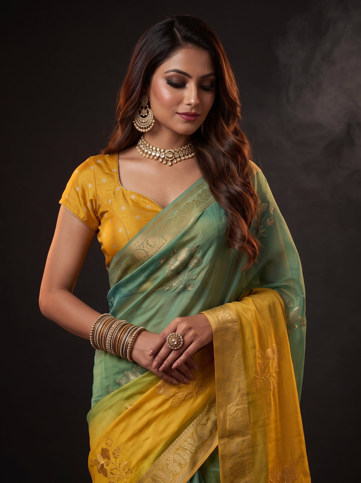MIMOSA Mustard Jaipur Saree — pose 10 styling detail