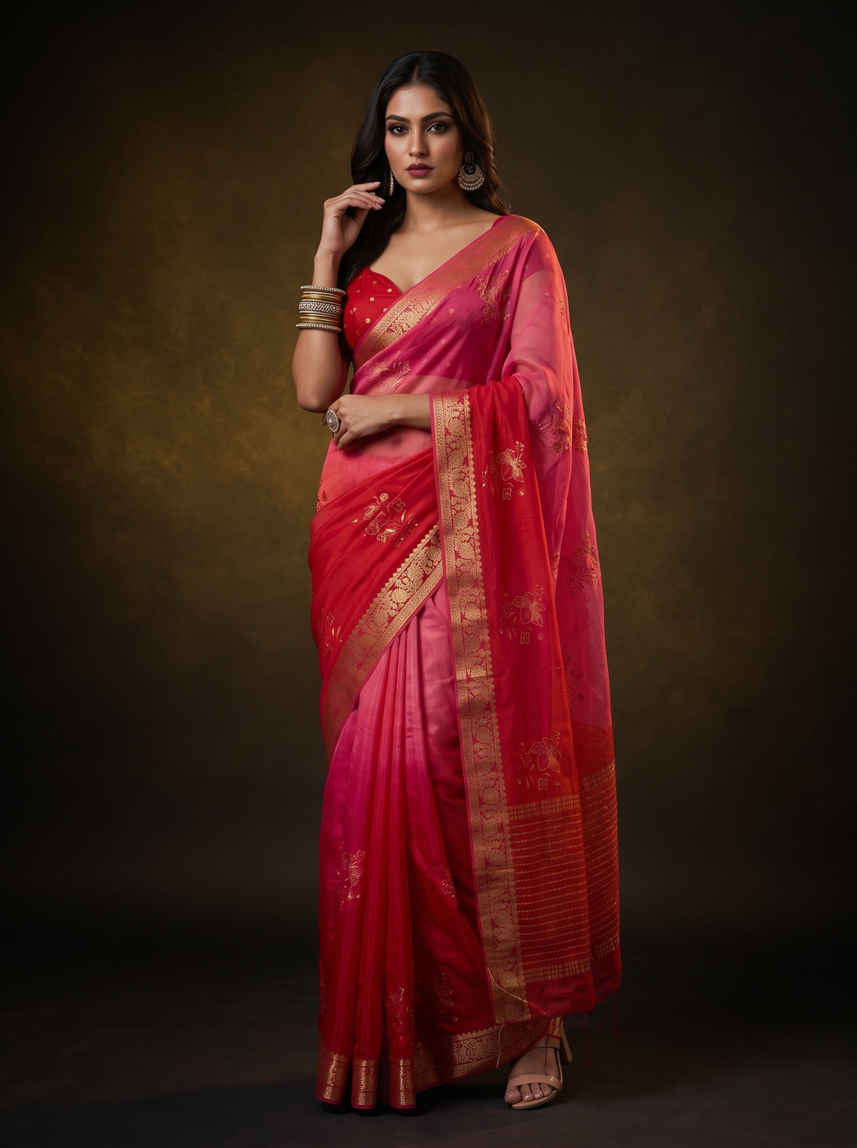 MIMOSA Strawberry Jaipur Saree — pose 5 styling detail