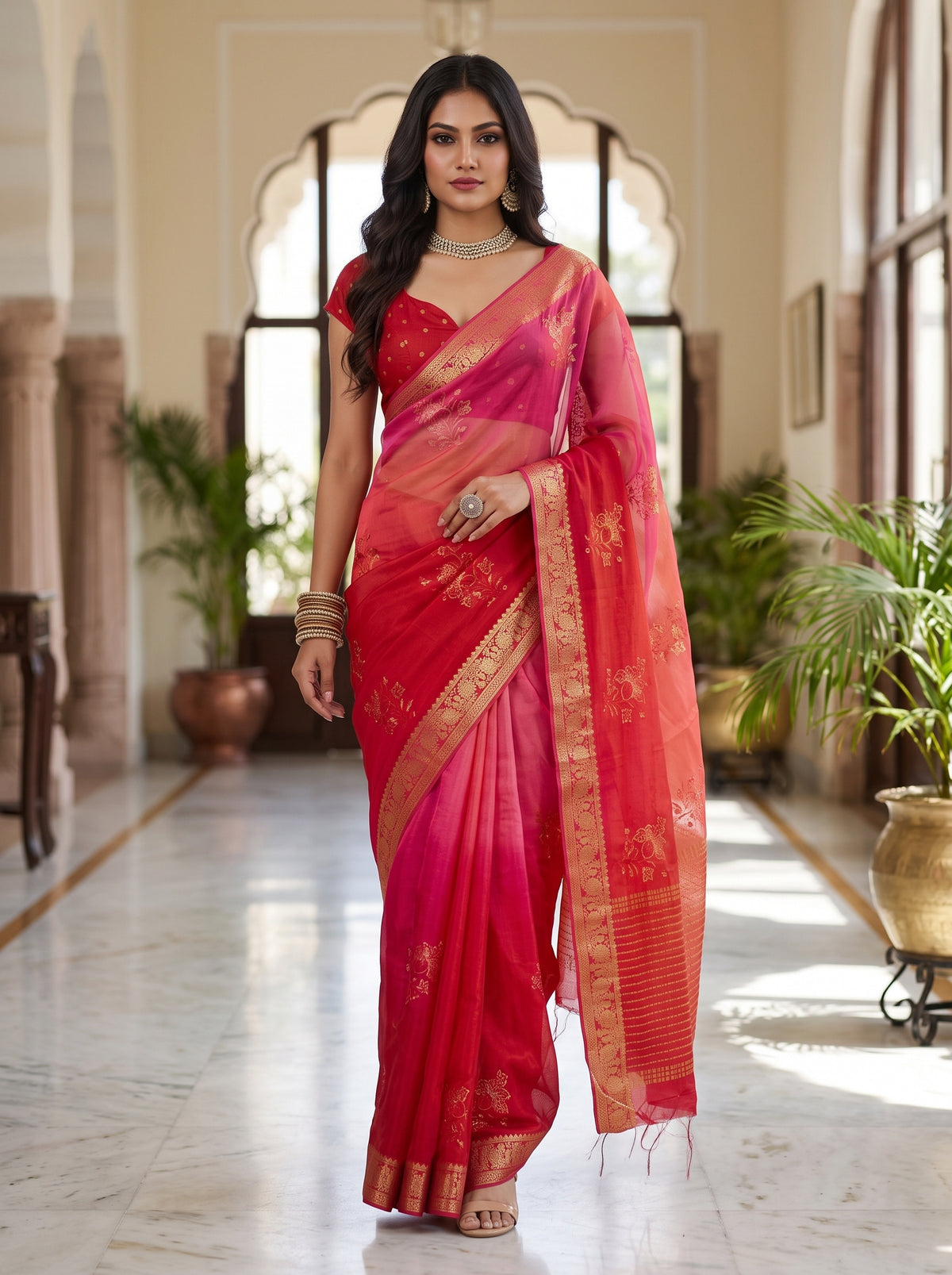 MIMOSA Strawberry Jaipur Saree — pose 6 styling detail