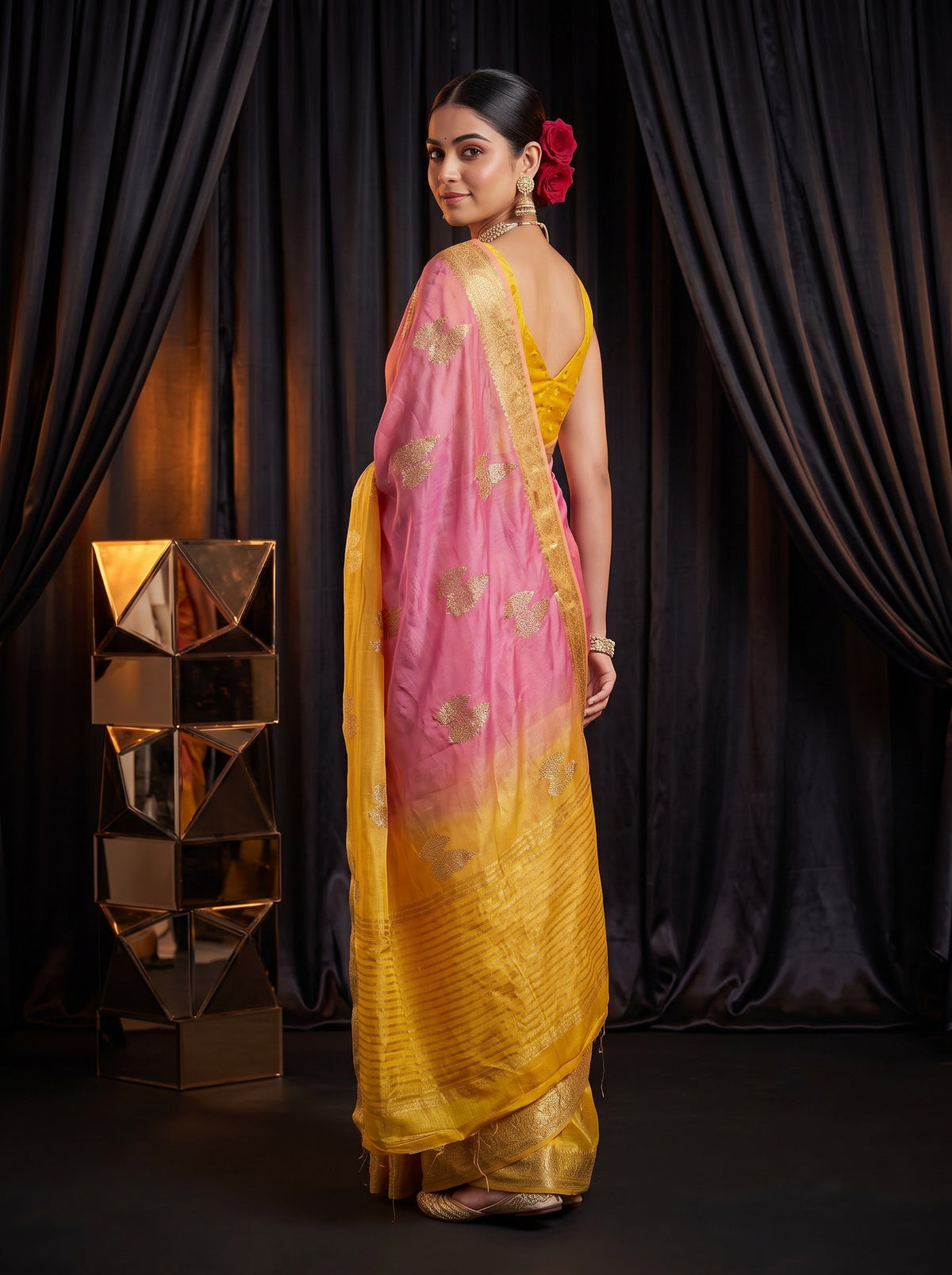 MIMOSA Gold Jaipur Pure Viscose Chiffon Saree — pose 7 styling detail