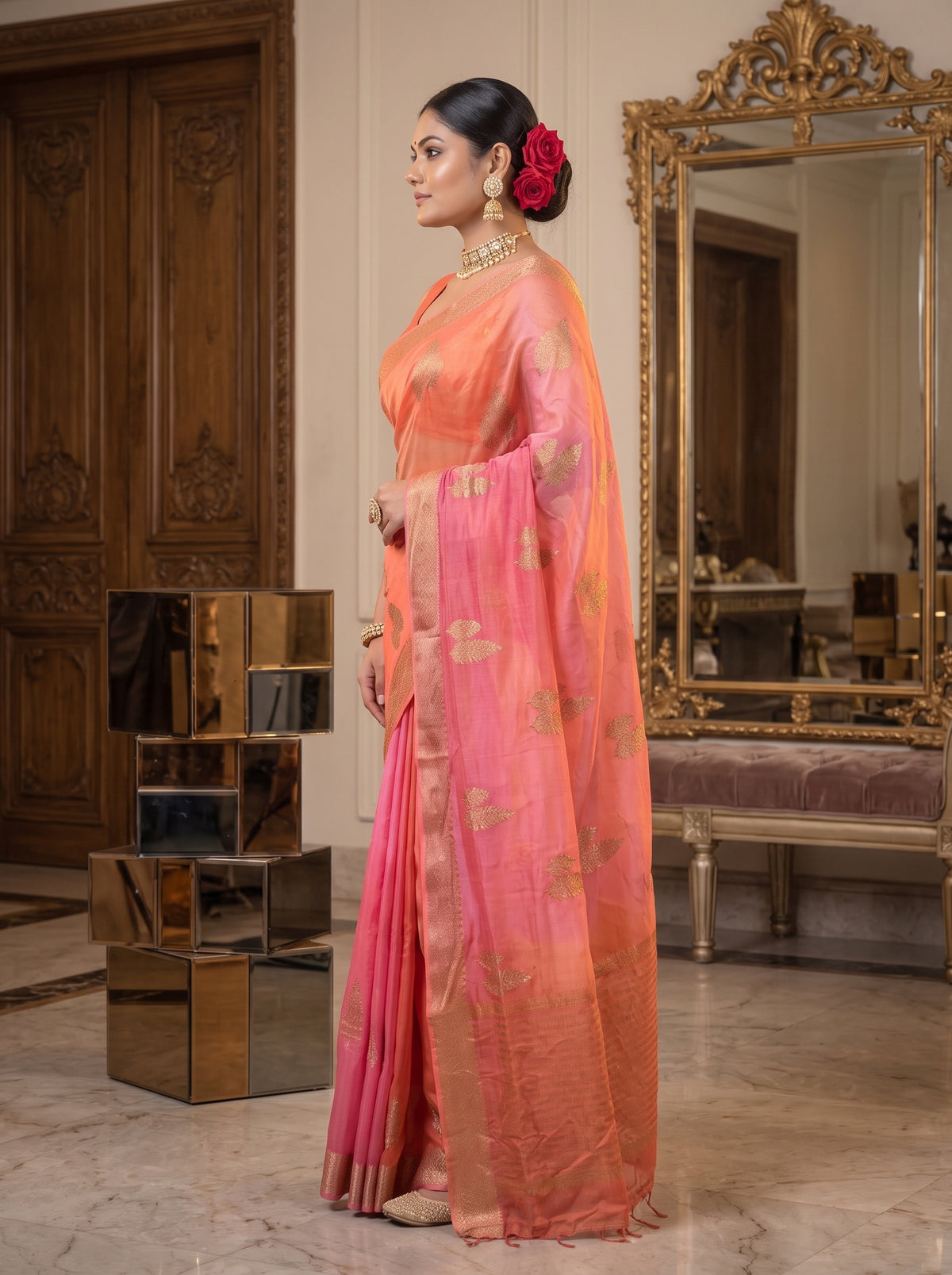 MIMOSA Gajari Jaipur Pure Viscose Chiffon Saree — pose 3 styling detail