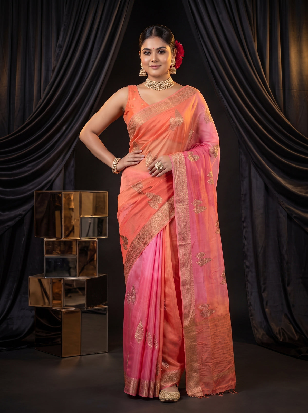 MIMOSA Gajari Jaipur Pure Viscose Chiffon Saree — pose 4 styling detail